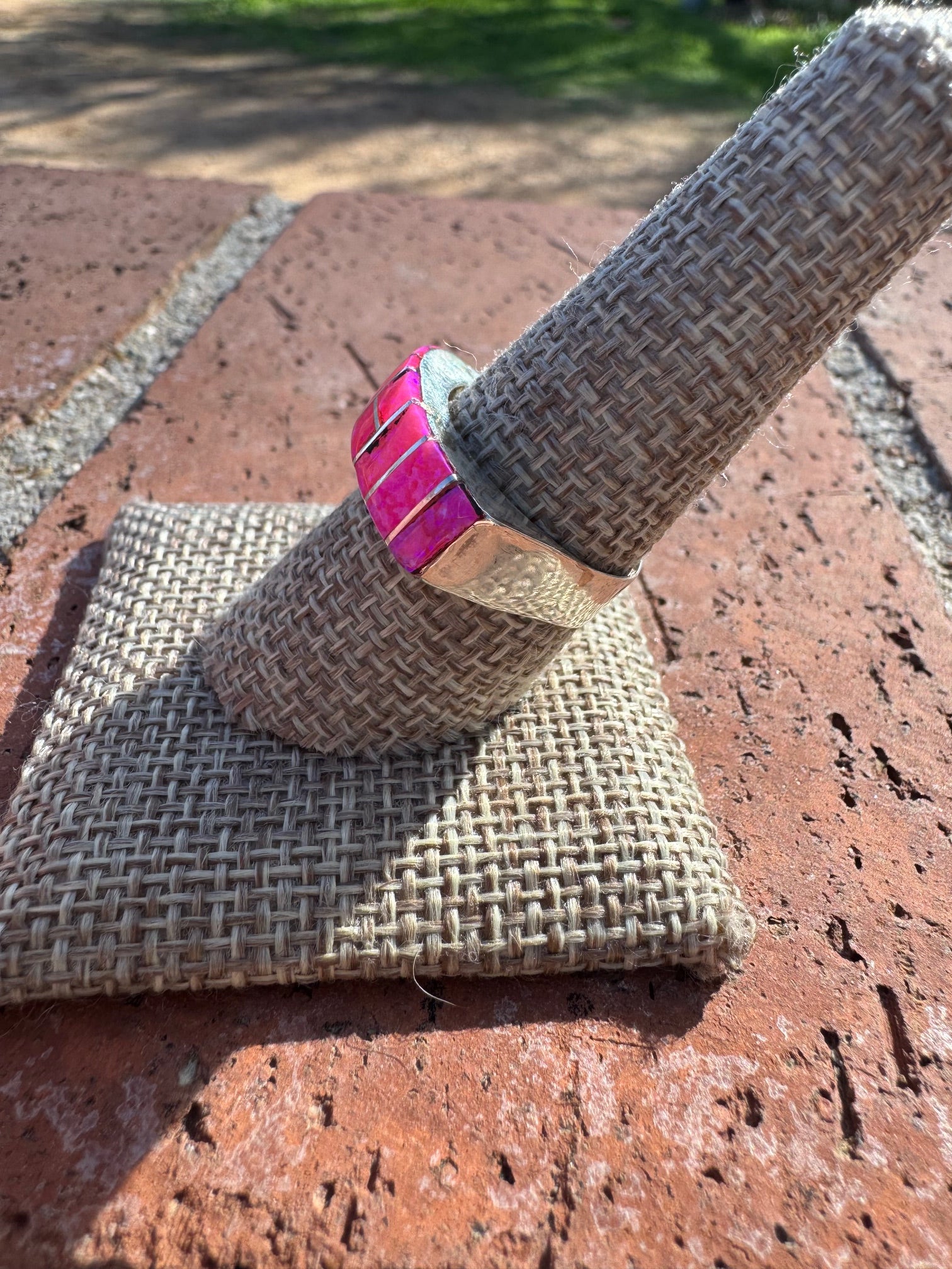 Handcrafted Sterling Silver & Hot Pink Fire Opal Inlay Band Ring