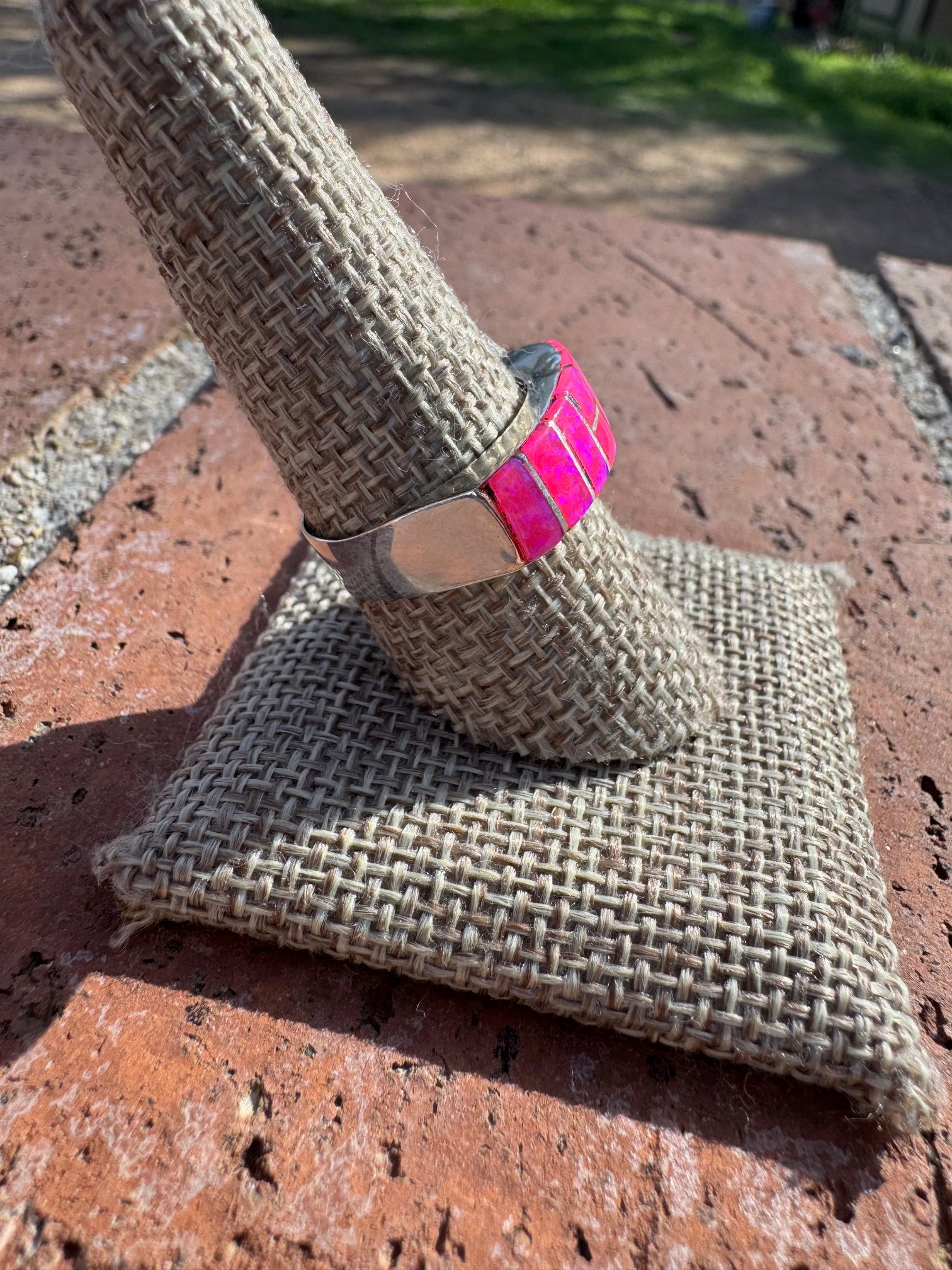 Handcrafted Sterling Silver & Hot Pink Fire Opal Inlay Band Ring