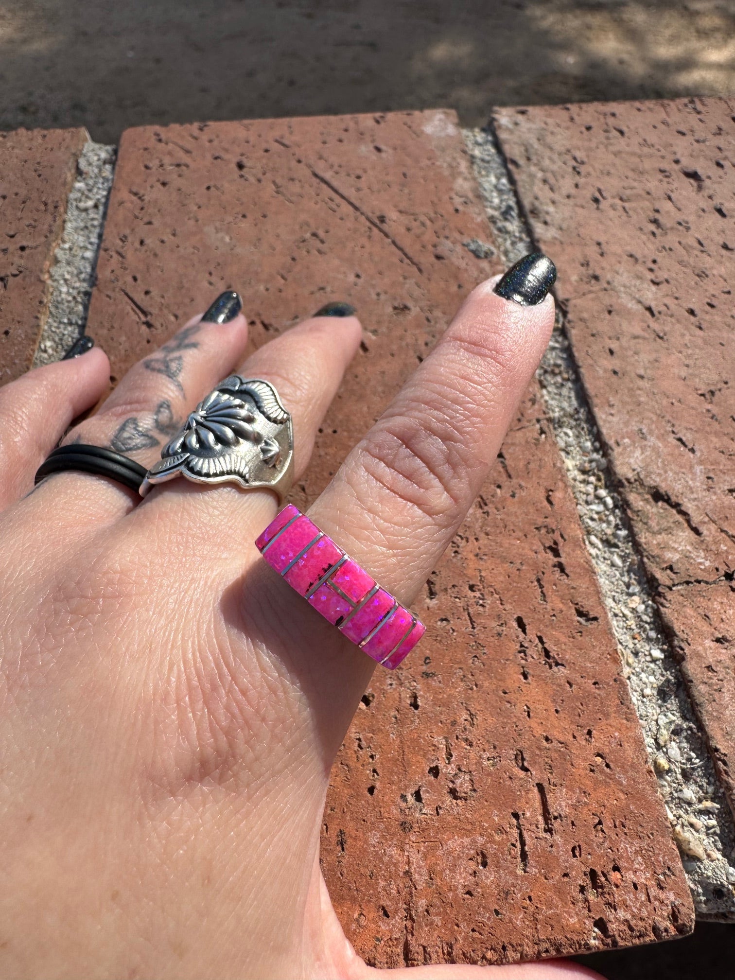 Handcrafted Sterling Silver & Hot Pink Fire Opal Inlay Band Ring