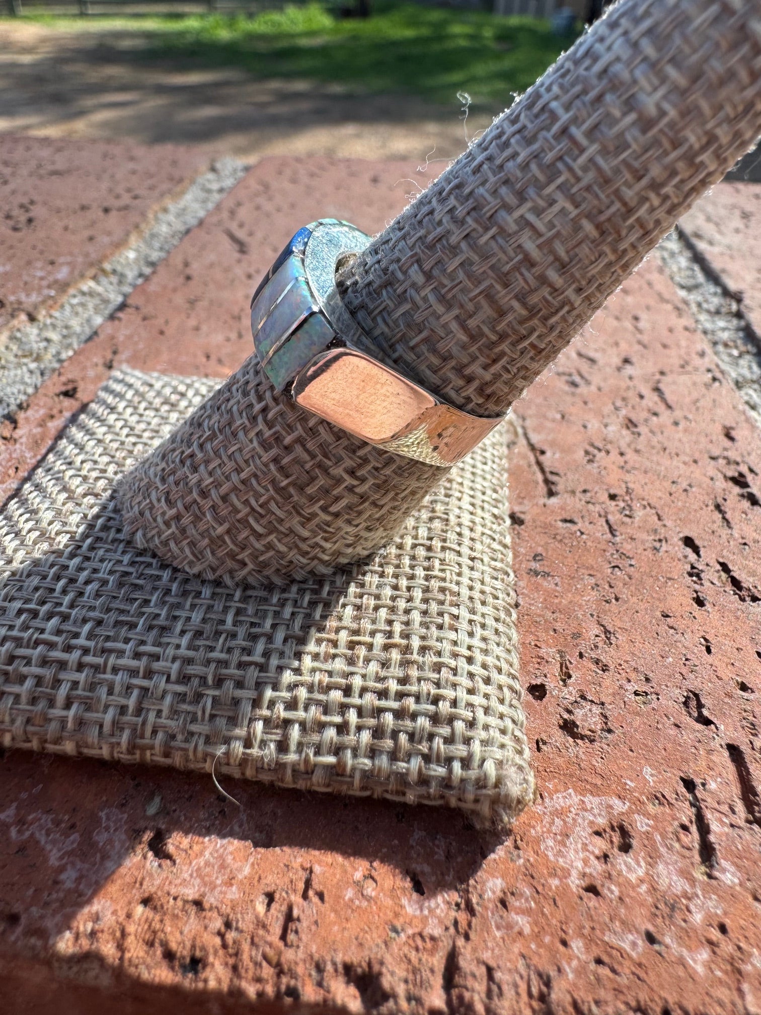 Handcrafted Sterling Silver & White Fire Opal with Lapis Inlay Band Ring