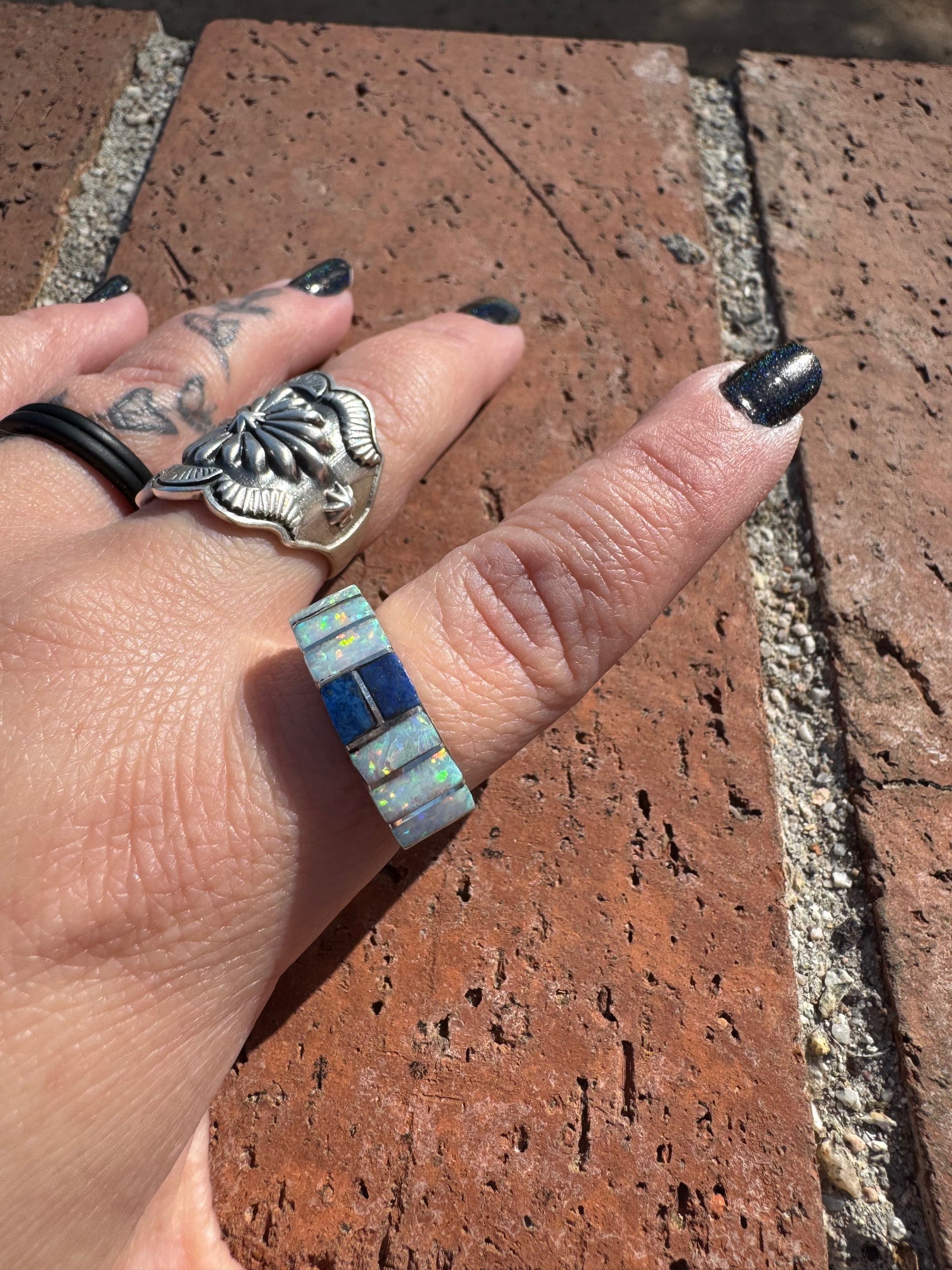 Handcrafted Sterling Silver & White Fire Opal with Lapis Inlay Band Ring