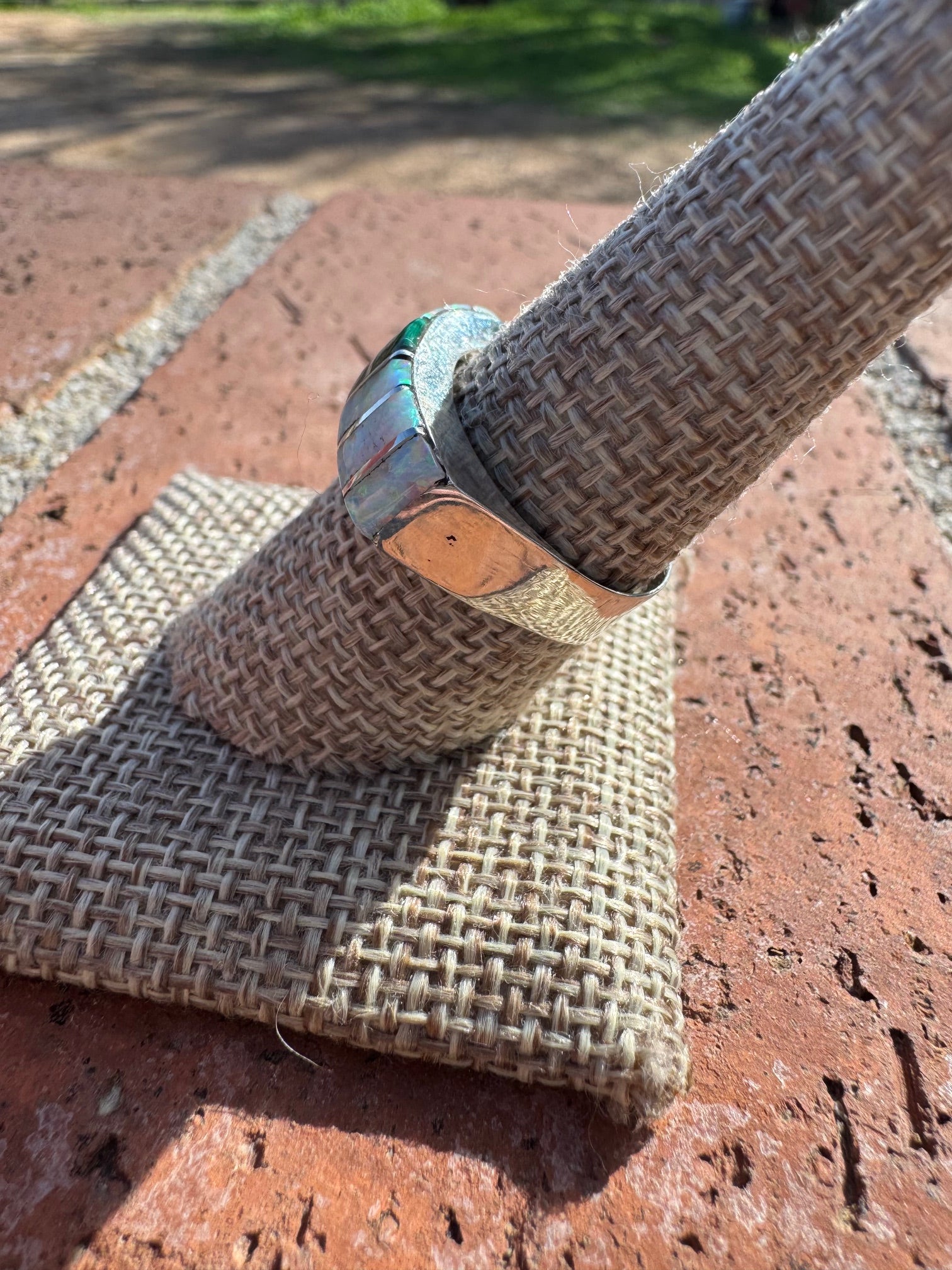 Handcrafted Sterling Silver & White Fire Opal with Malachite Inlay Band Ring size 8.75