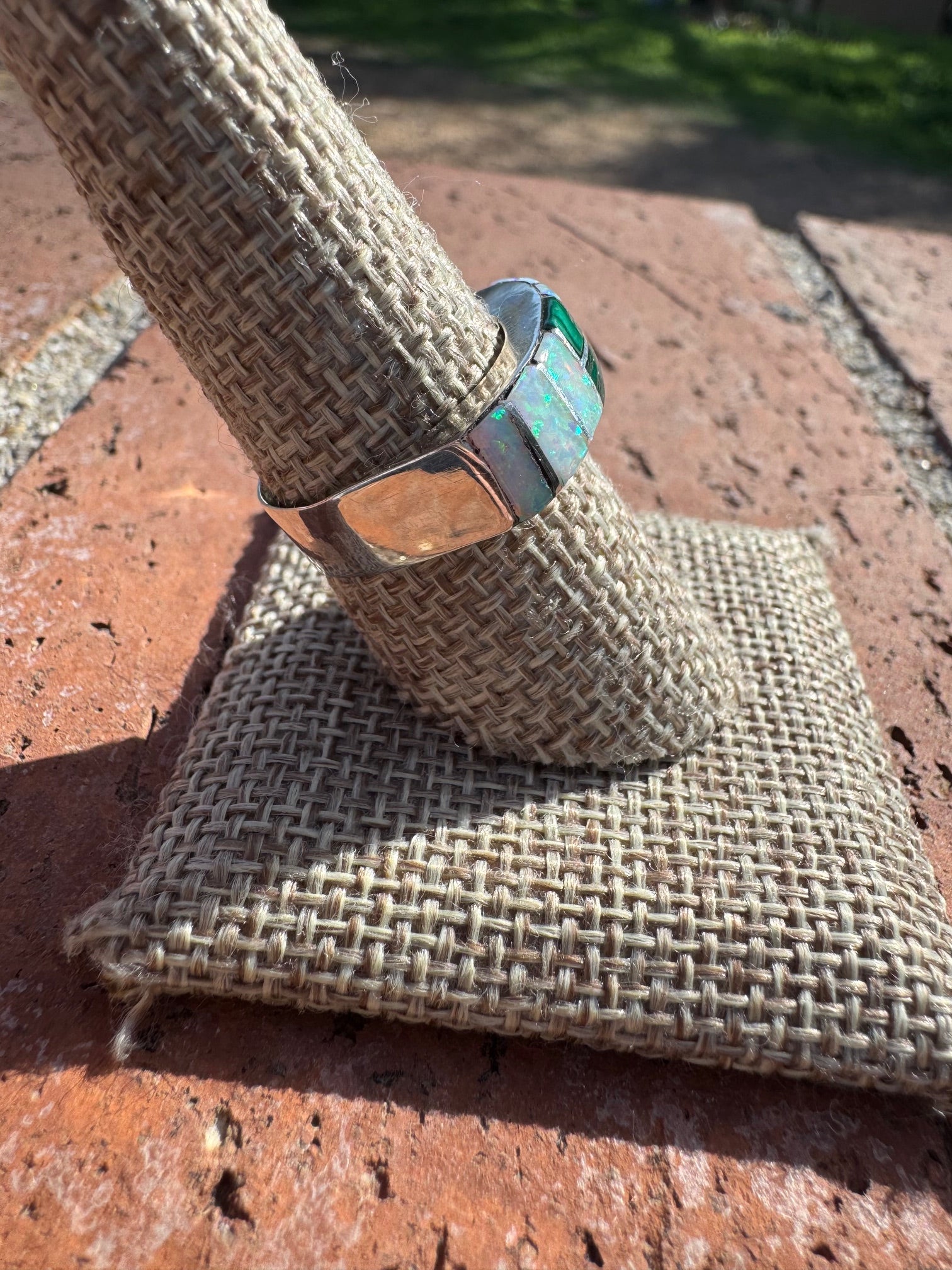 Handcrafted Sterling Silver & White Fire Opal with Malachite Inlay Band Ring size 8.75