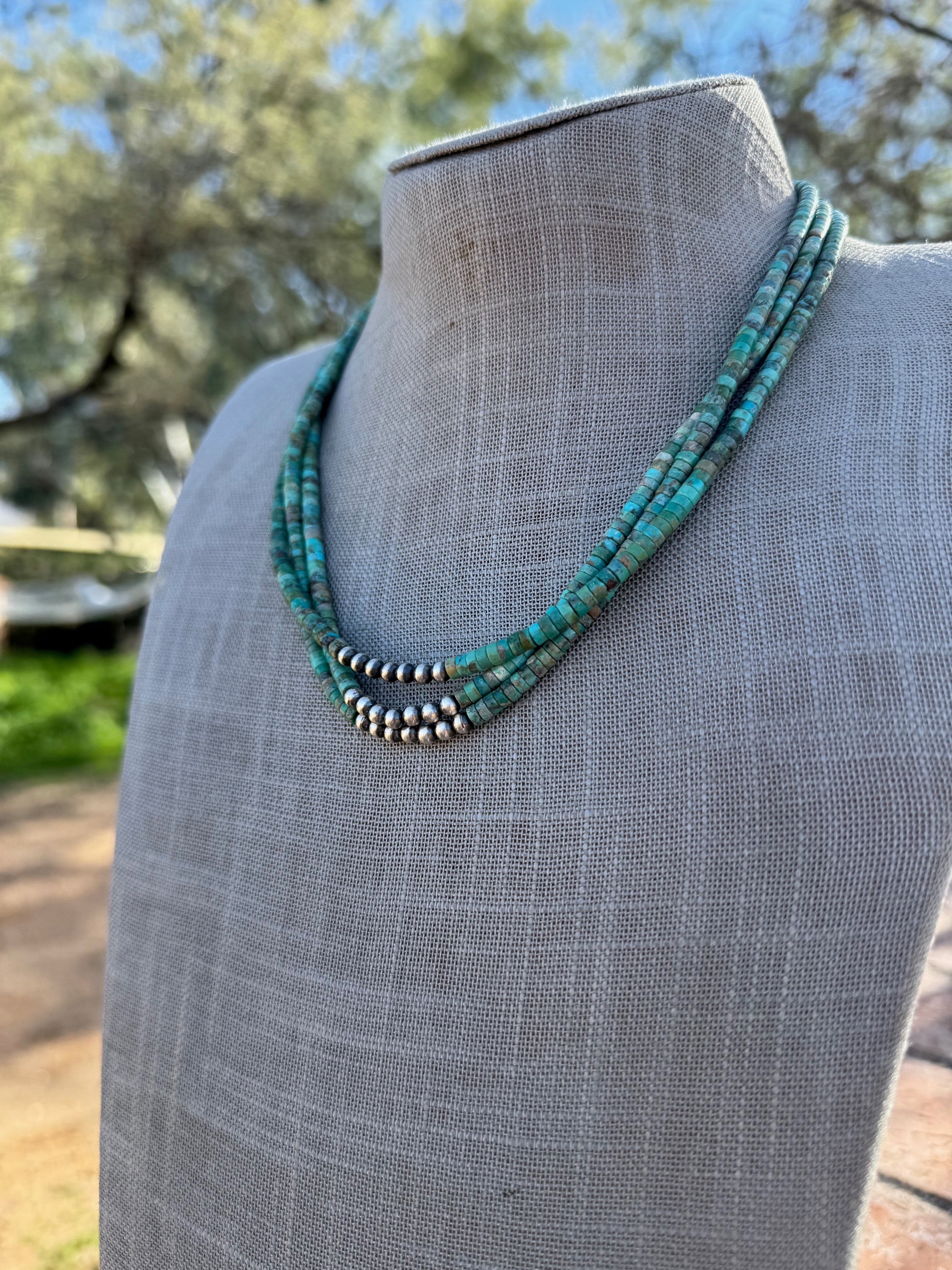 Handcrafted Sterling Silver & Rolled Kingman Turquoise Beaded Necklace 18"