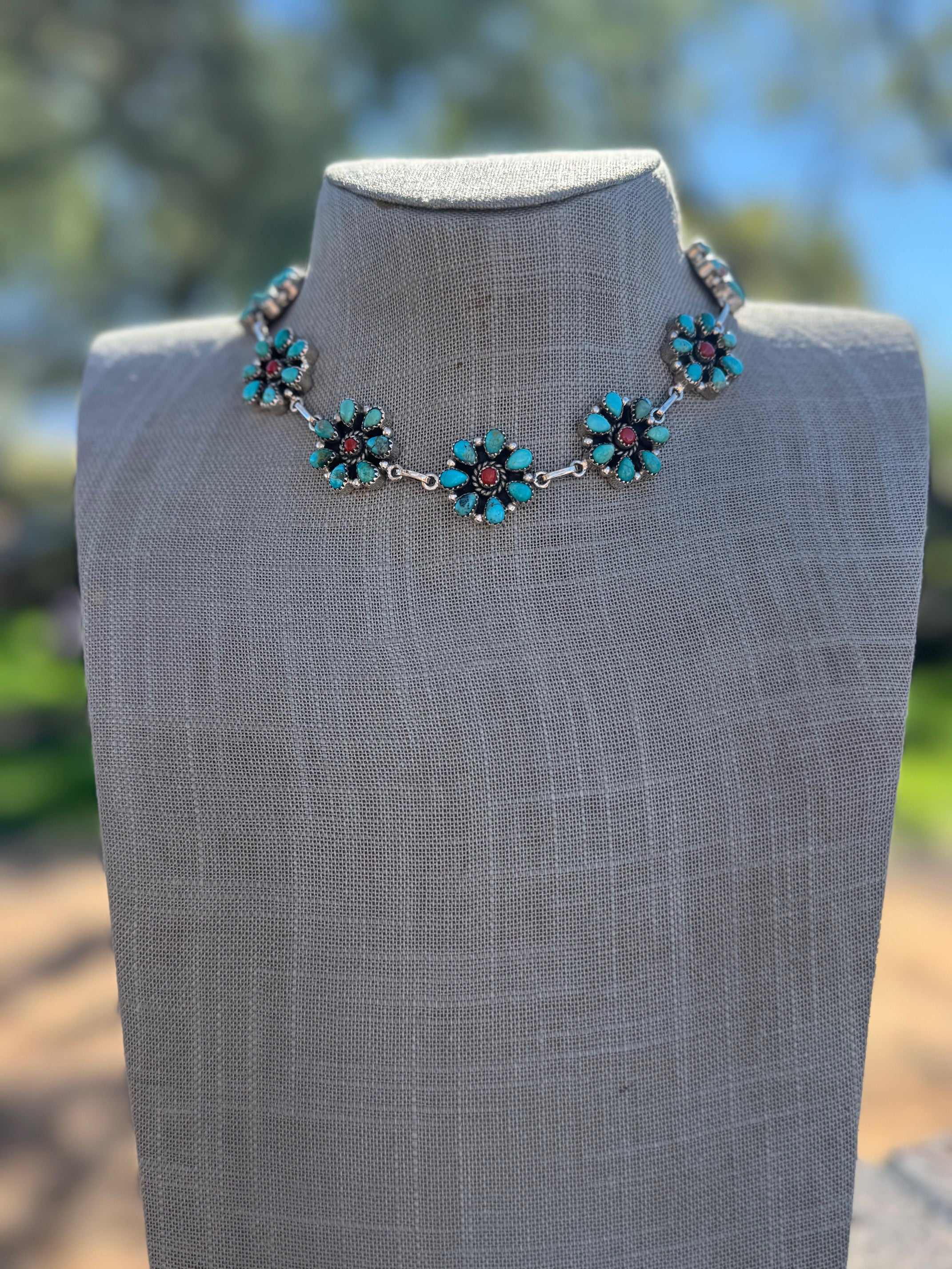 Handmade Sterling Silver, Coral & Kingman Turquoise Flower Choker Necklace Signed Nizhoni