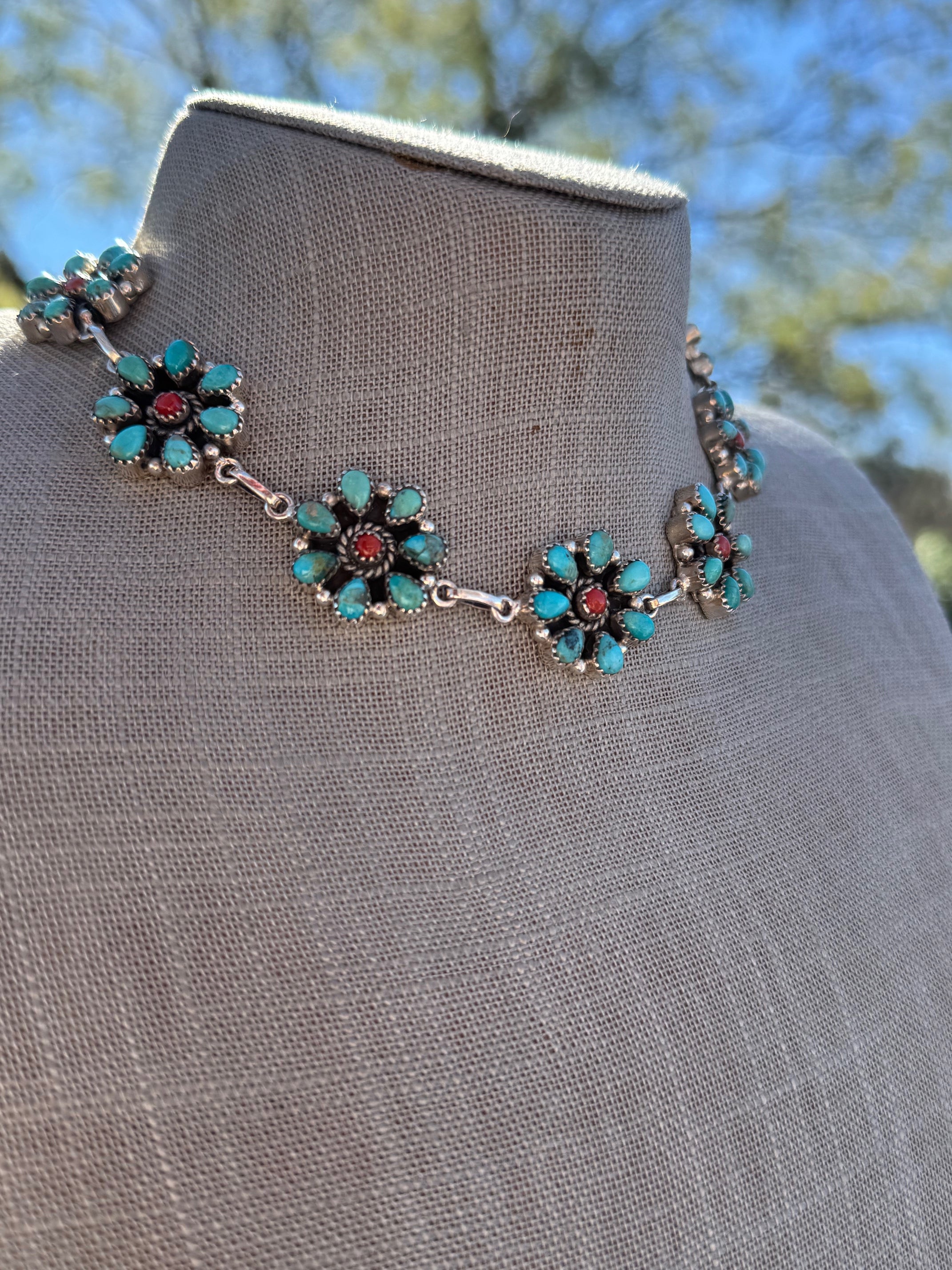 Handmade Sterling Silver, Coral & Kingman Turquoise Flower Choker Necklace Signed Nizhoni