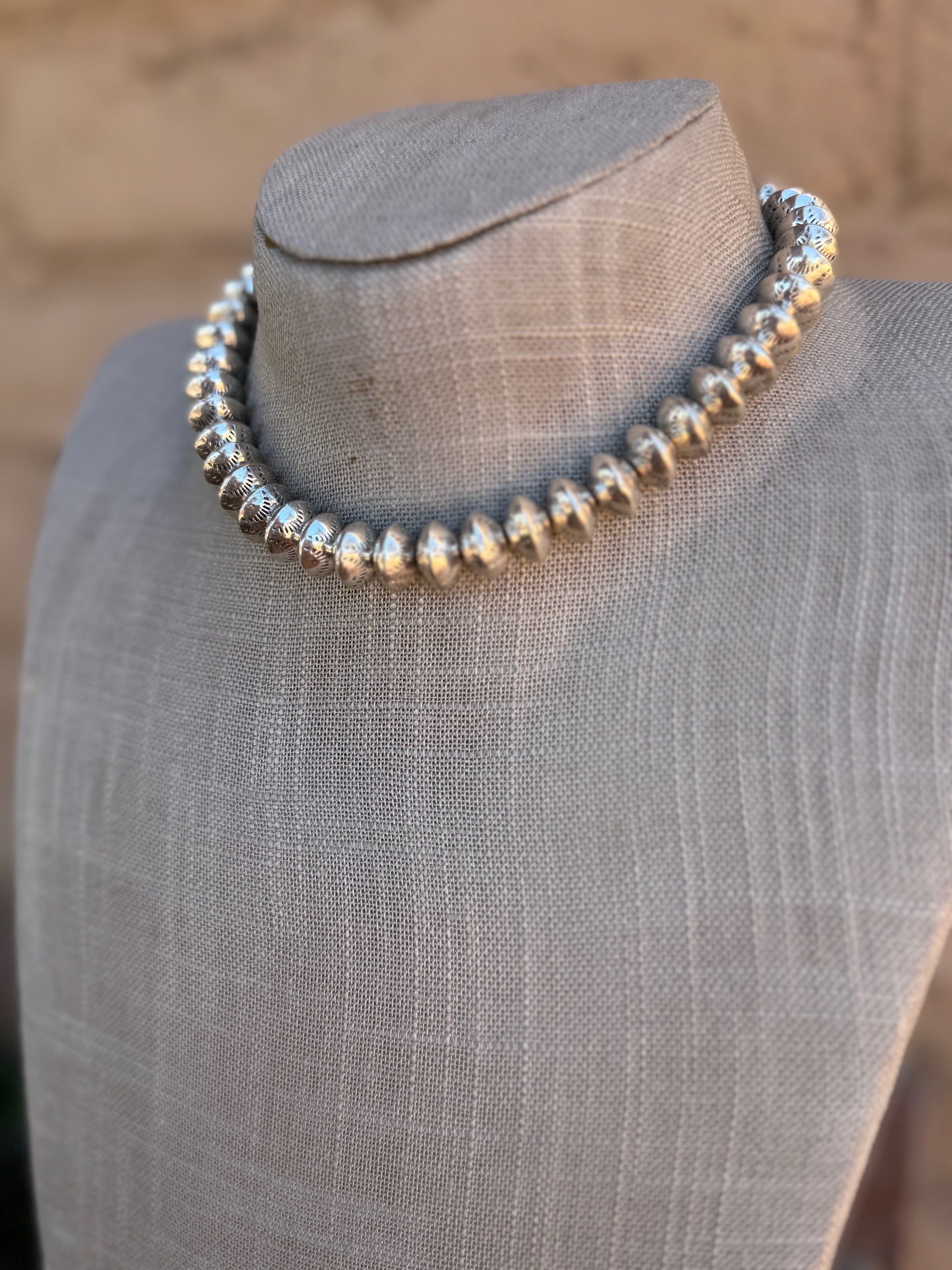 Handmade Sterling Silver Stamped 10mm Beaded Necklace 14"