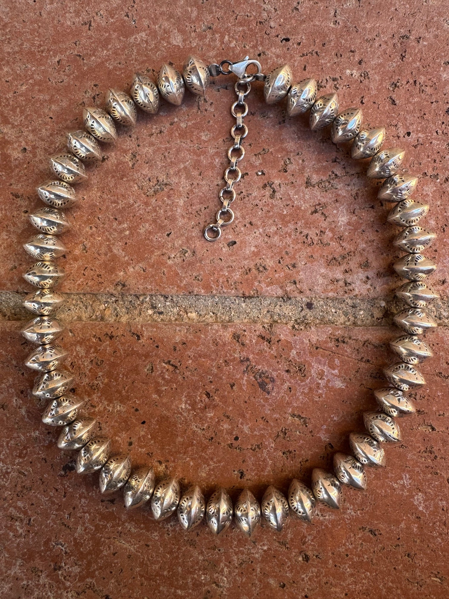 Handmade Sterling Silver Stamped 10mm Beaded Necklace 14"