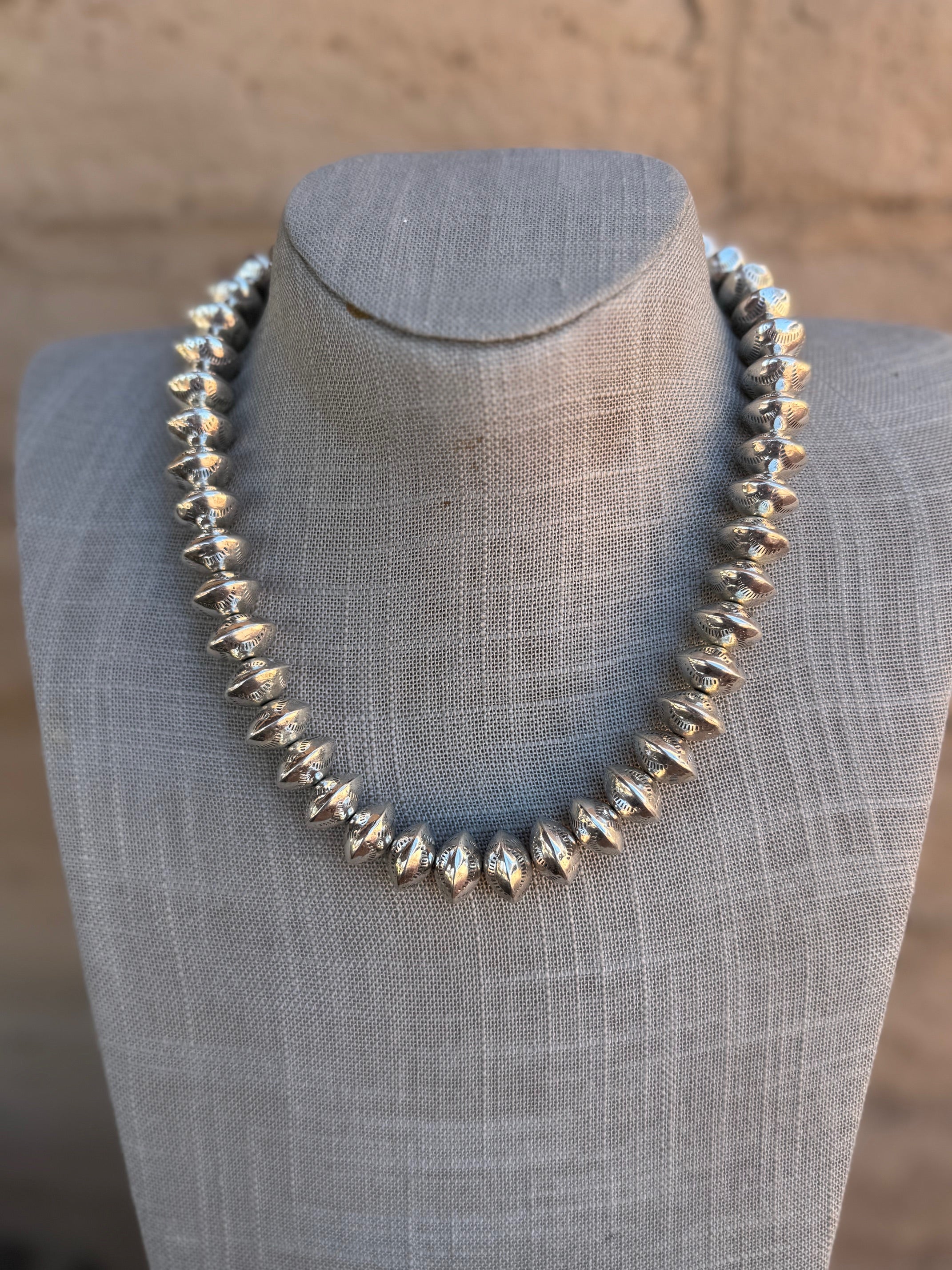 Handmade Sterling Silver Stamped 14mm Beaded Necklace 18"