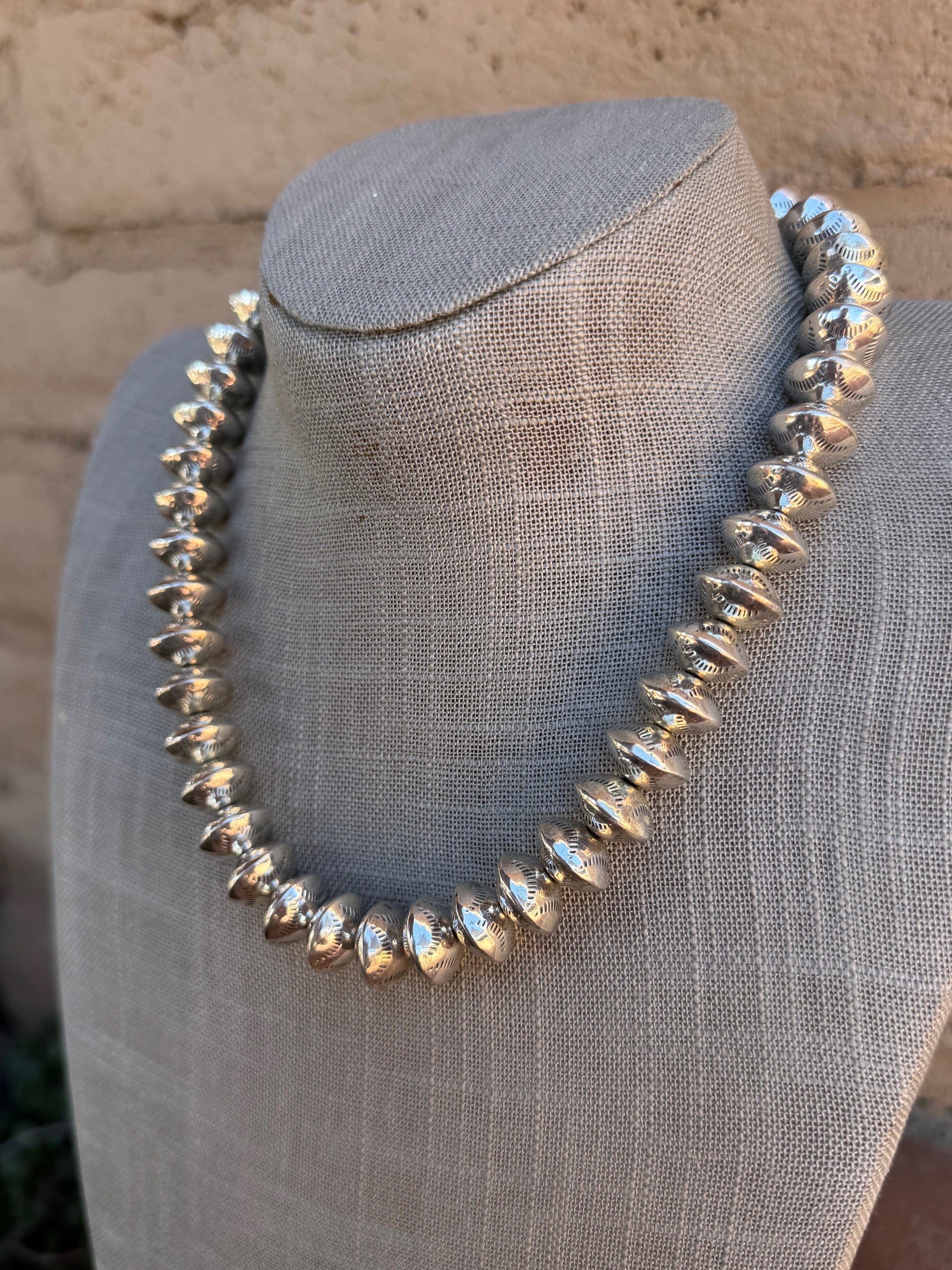 Handmade Sterling Silver Stamped 14mm Beaded Necklace 18"