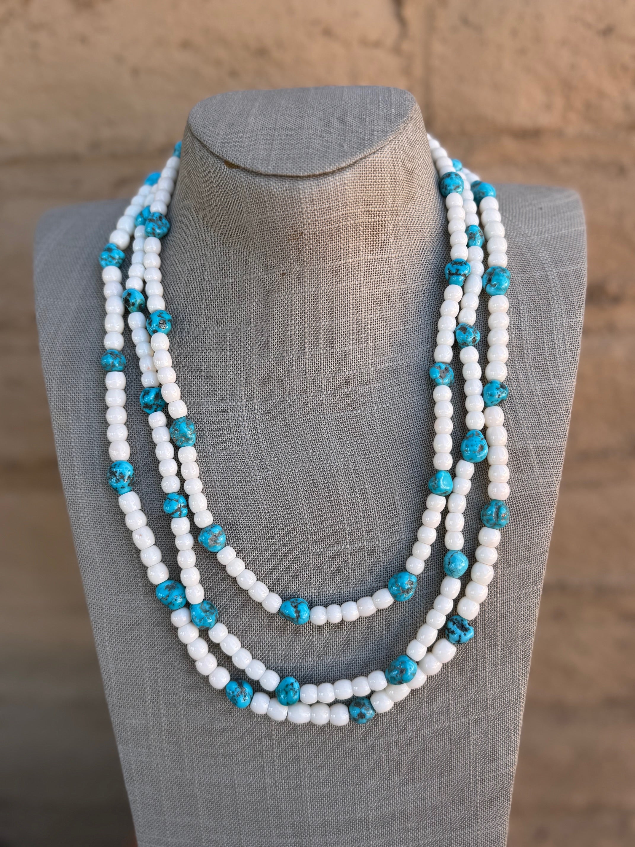 Handcrafted Kingman Turquoise & Mother of Pearl Sterling Silver 3 strand Beaded Necklace 22"