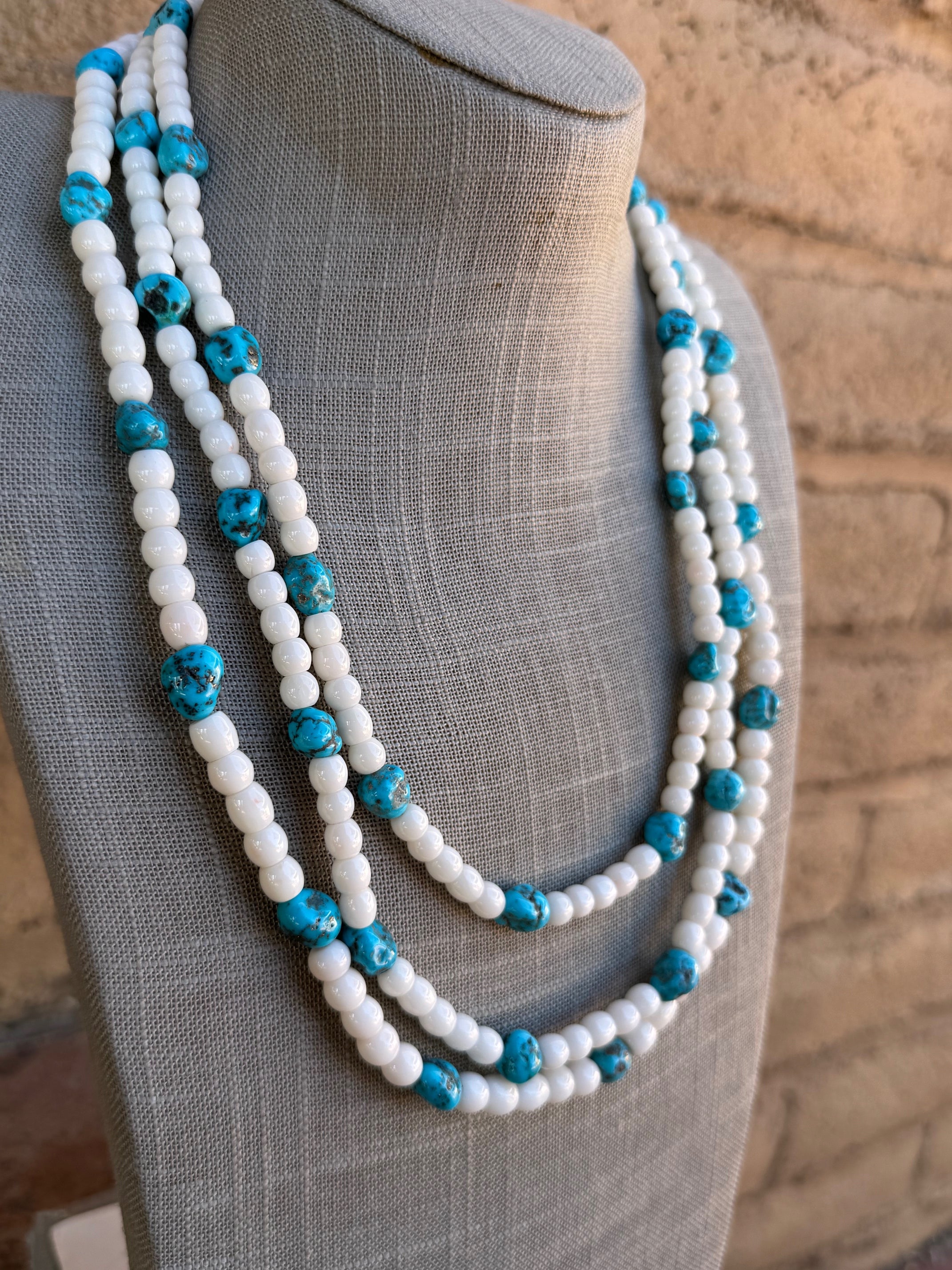 Handcrafted Kingman Turquoise & Mother of Pearl Sterling Silver 3 strand Beaded Necklace 22"