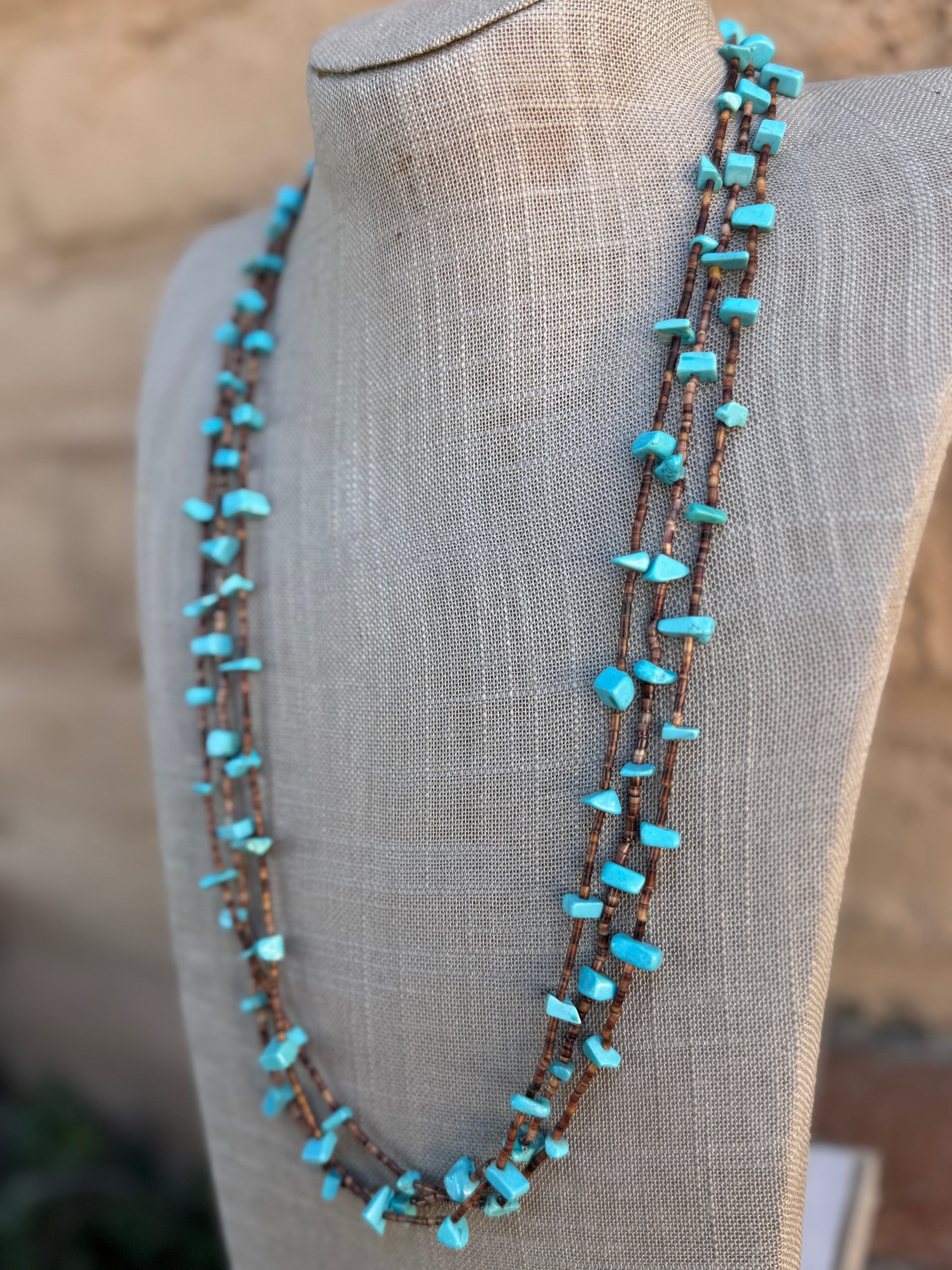 Handcrafted Turquoise & Heishi 3 strand Beaded Necklace 28"