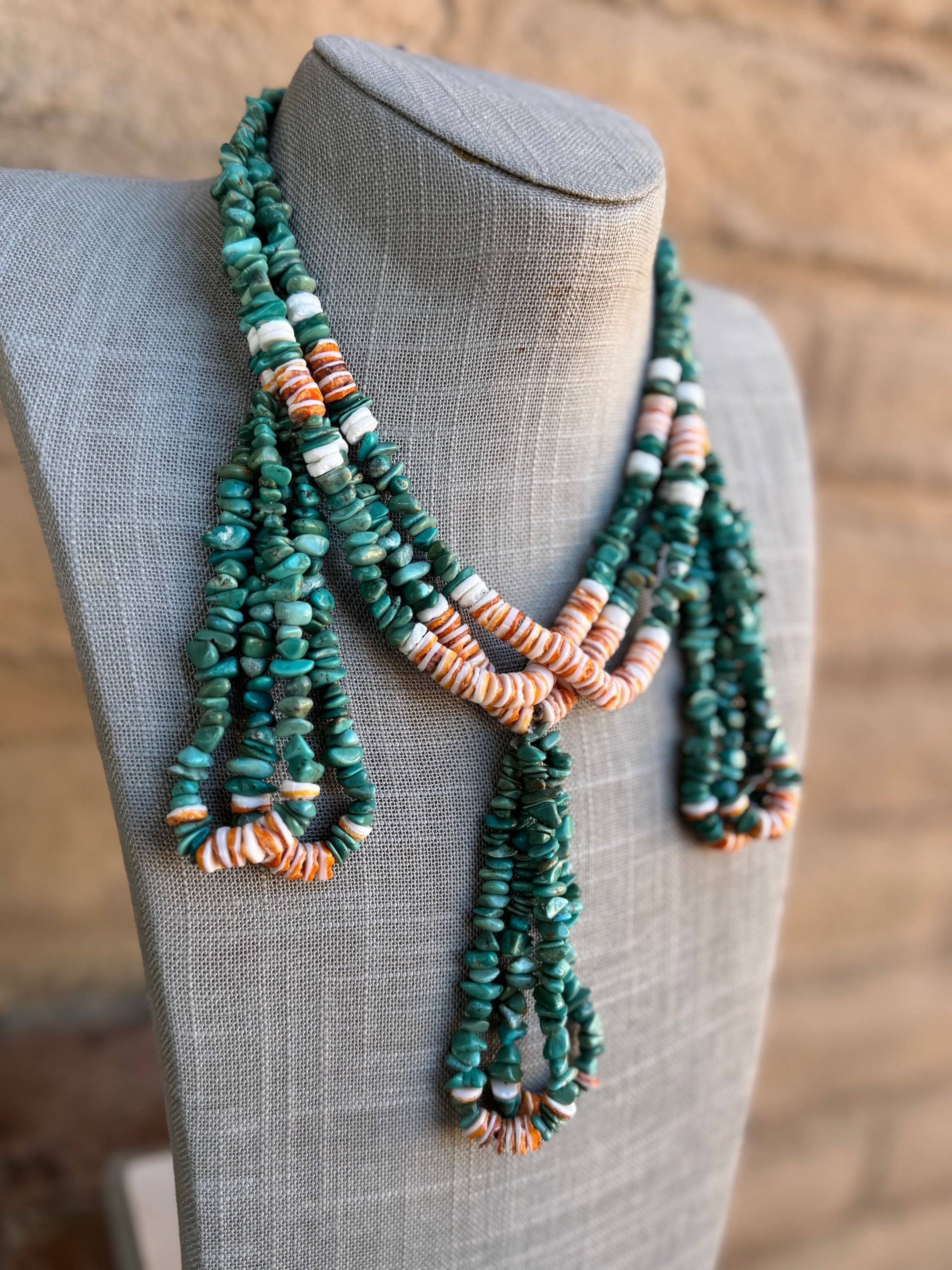 Handcrafted Turquoise & Spiny Triple Jacla Beaded Necklace 24"