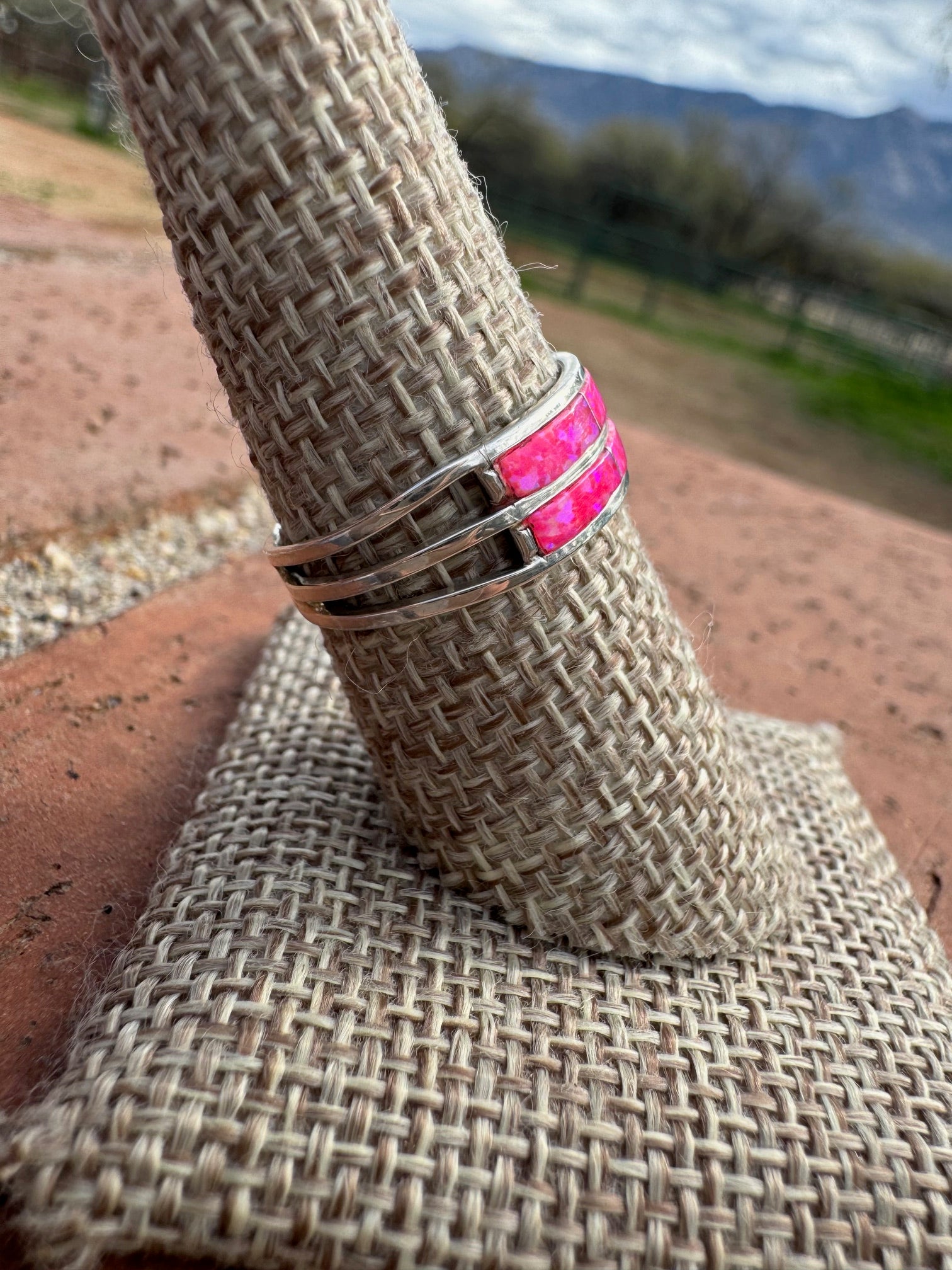 Handcrafted Sterling Silver & Hot Pink Fire Opal Double Row Inlay Band Ring