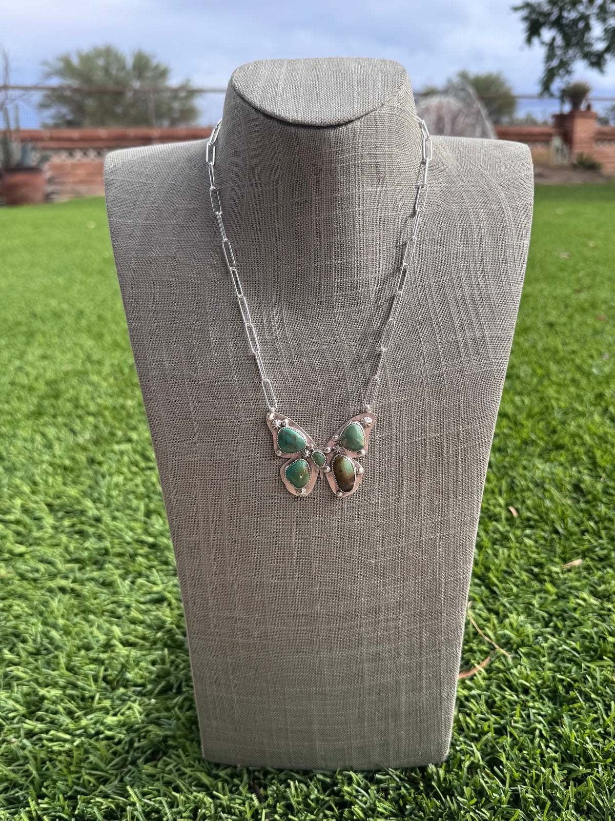 Handmade Sterling Silver & Mixed Media Turquoise Butterfly 19.5" Necklace by Roaming Buffalo