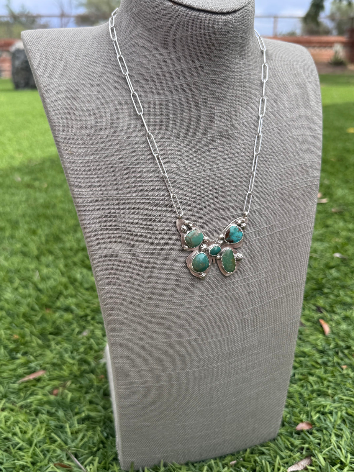 Handmade Sterling Silver & Mixed Media Turquoise Butterfly 19.5" Necklace by Roaming Buffalo