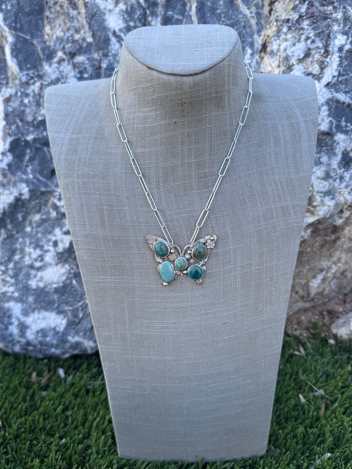 Handmade Sterling Silver & Mixed Media Turquoise Butterfly 18" Necklace by Roaming Buffalo