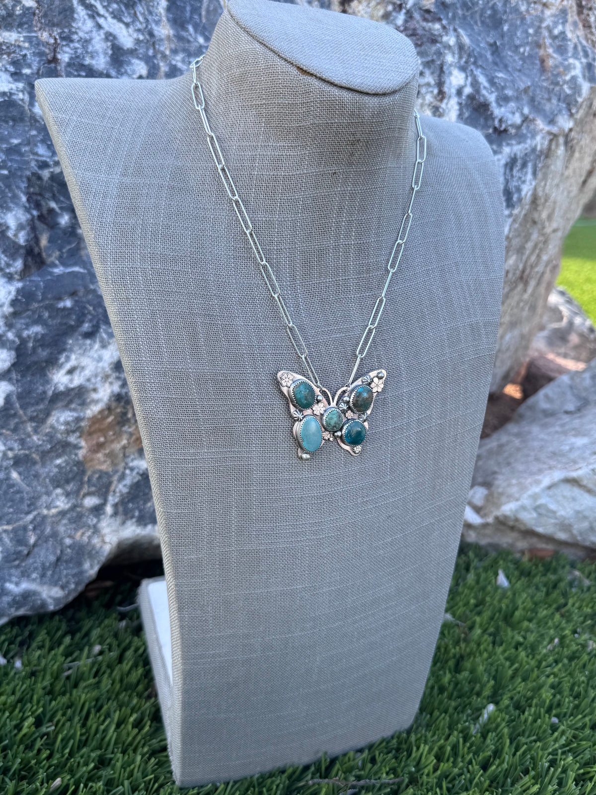 Handmade Sterling Silver & Mixed Media Turquoise Butterfly 18" Necklace by Roaming Buffalo