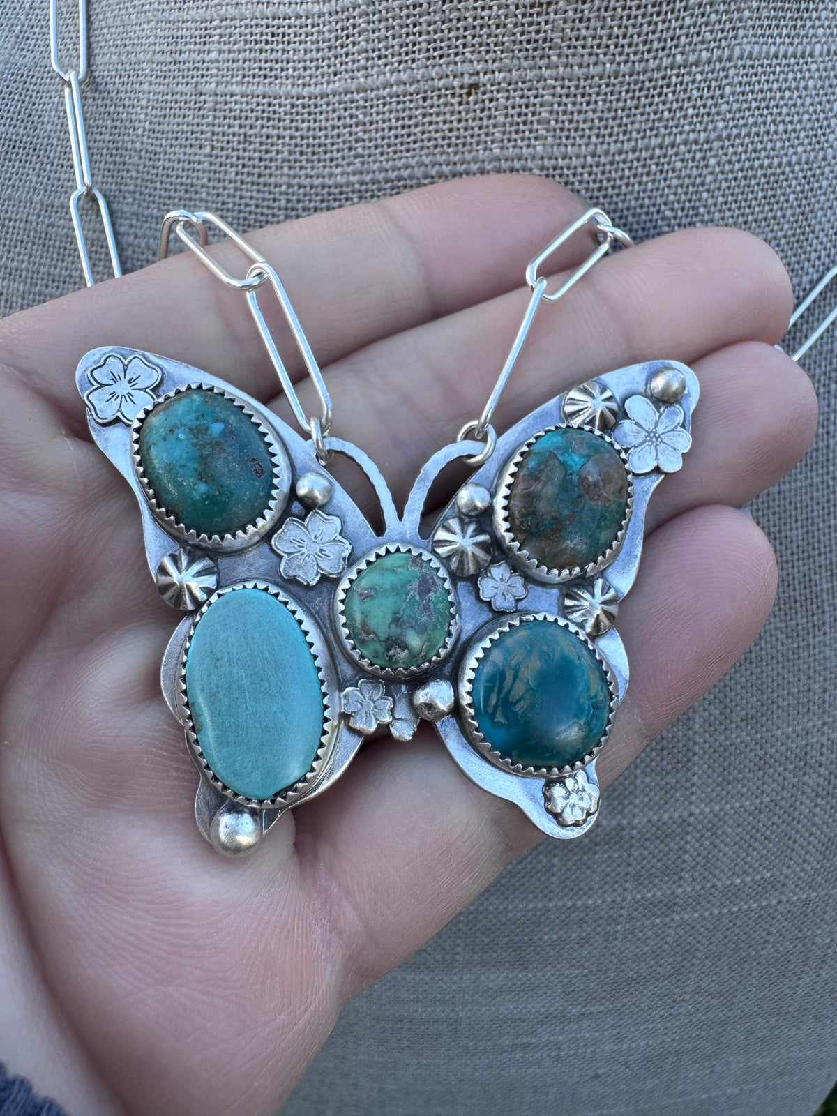 Handmade Sterling Silver & Mixed Media Turquoise Butterfly 18" Necklace by Roaming Buffalo