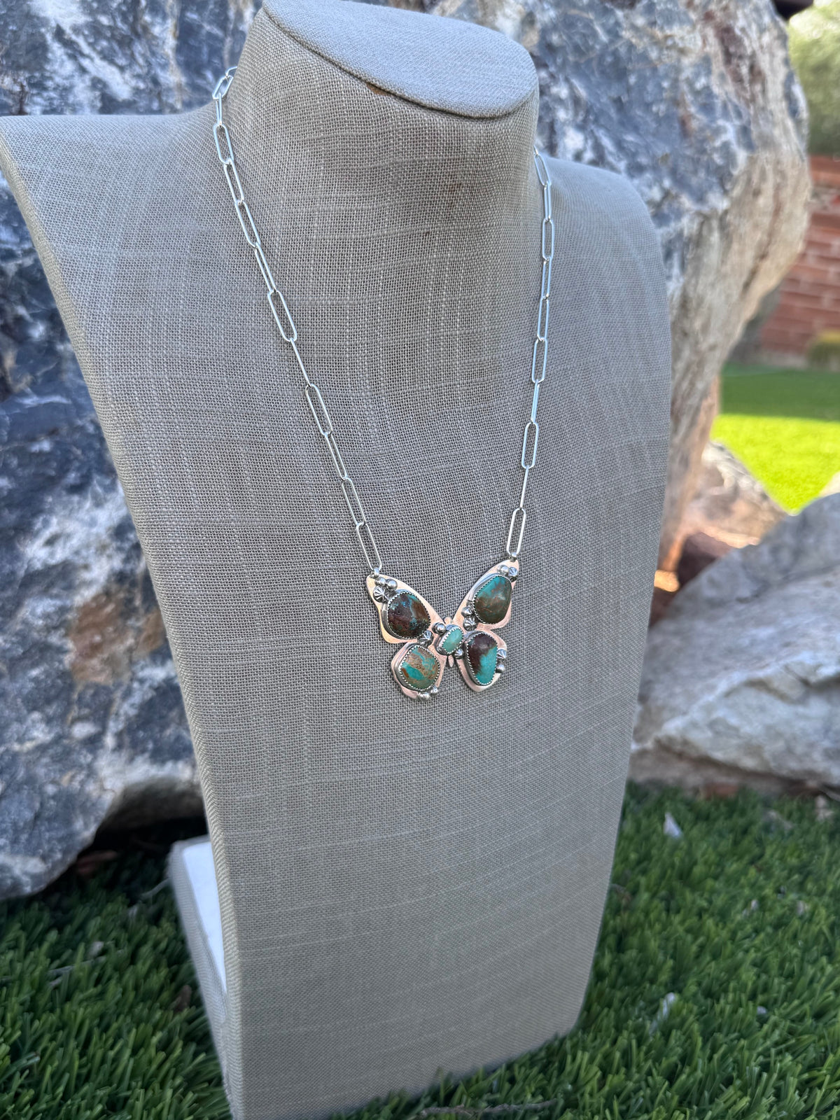 Handmade Sterling Silver & Mixed Media Turquoise Butterfly 18.5" Necklace by Roaming Buffalo