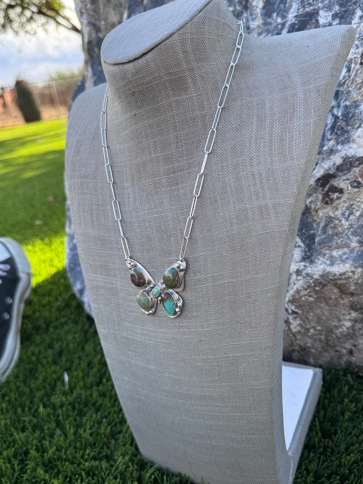 Handmade Sterling Silver & Mixed Media Turquoise Butterfly 18.5" Necklace by Roaming Buffalo