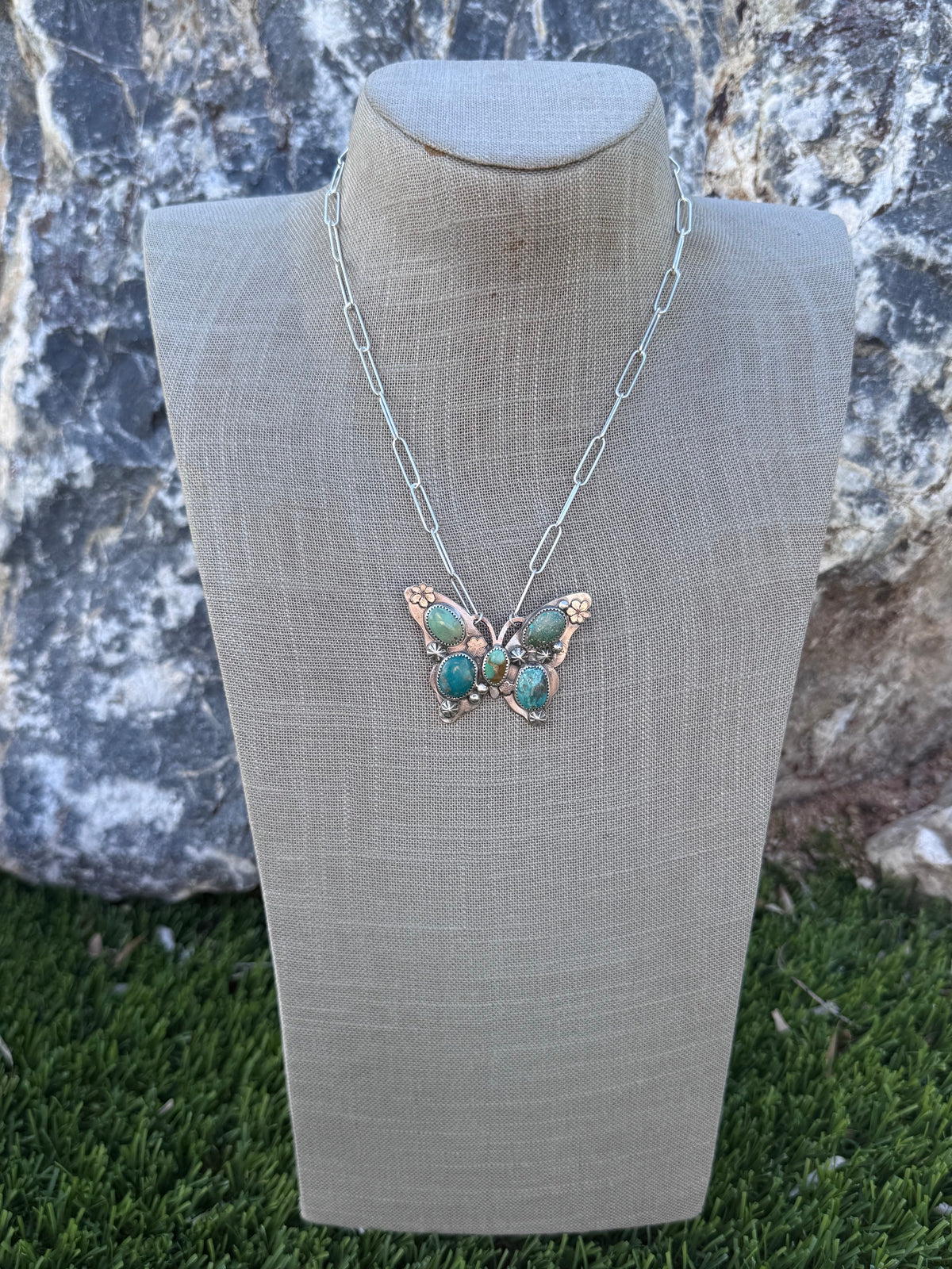 Handmade Sterling Silver & Mixed Media Turquoise Butterfly 18" Necklace by Roaming Buffalo