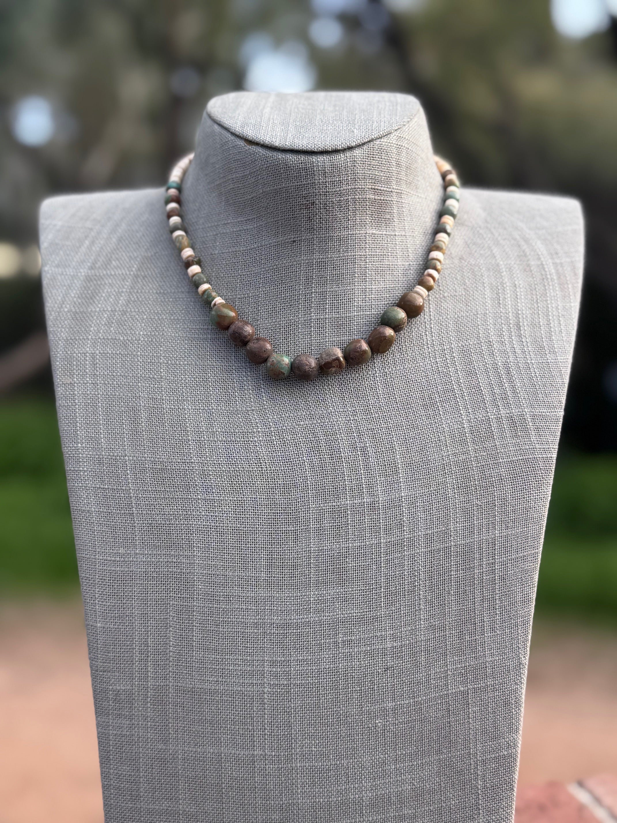 Handcrafted Royston Turquoise & Heishi, Sterling Silver Beaded Necklace 15"