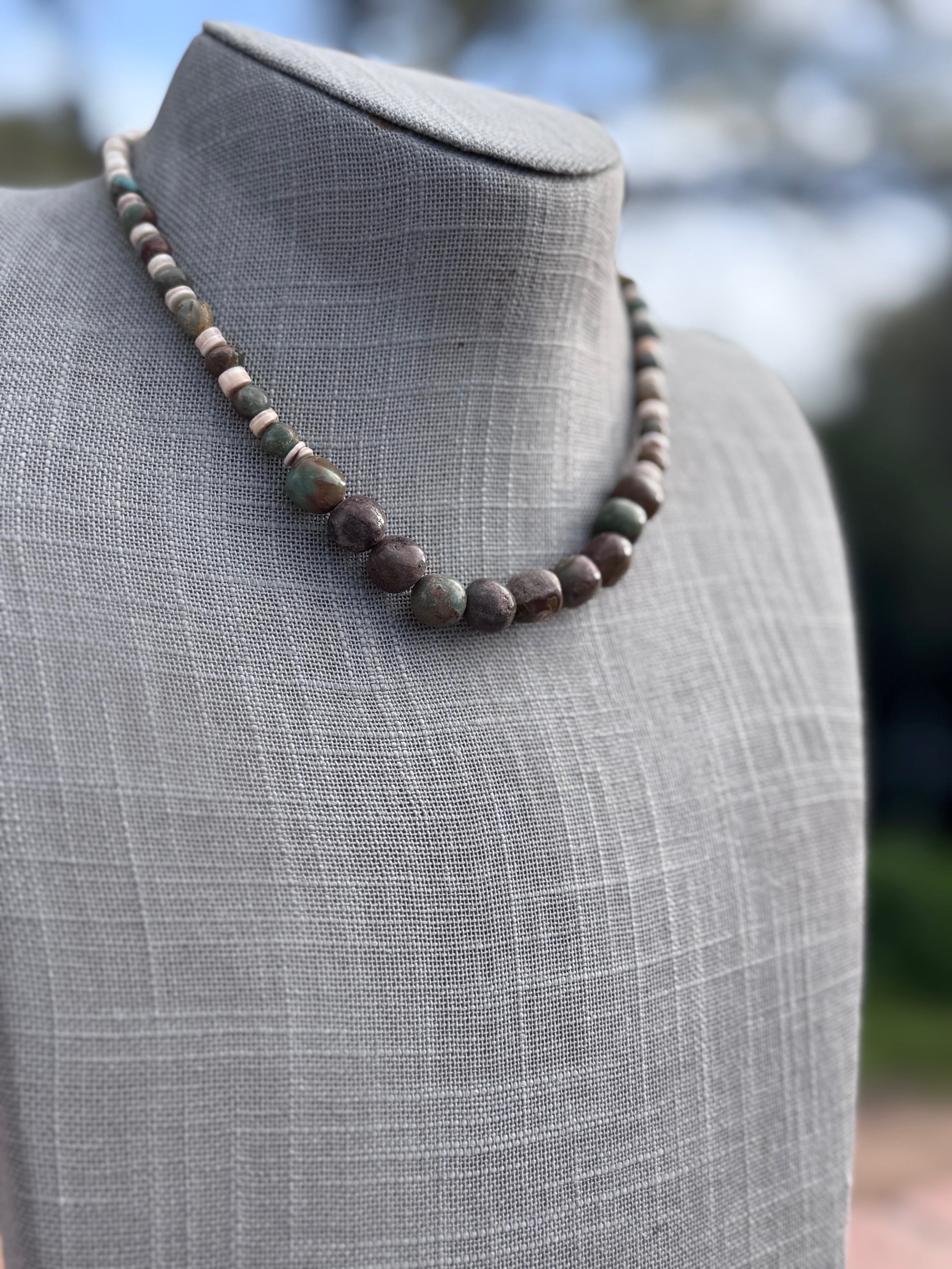 Handcrafted Royston Turquoise & Heishi, Sterling Silver Beaded Necklace 15"