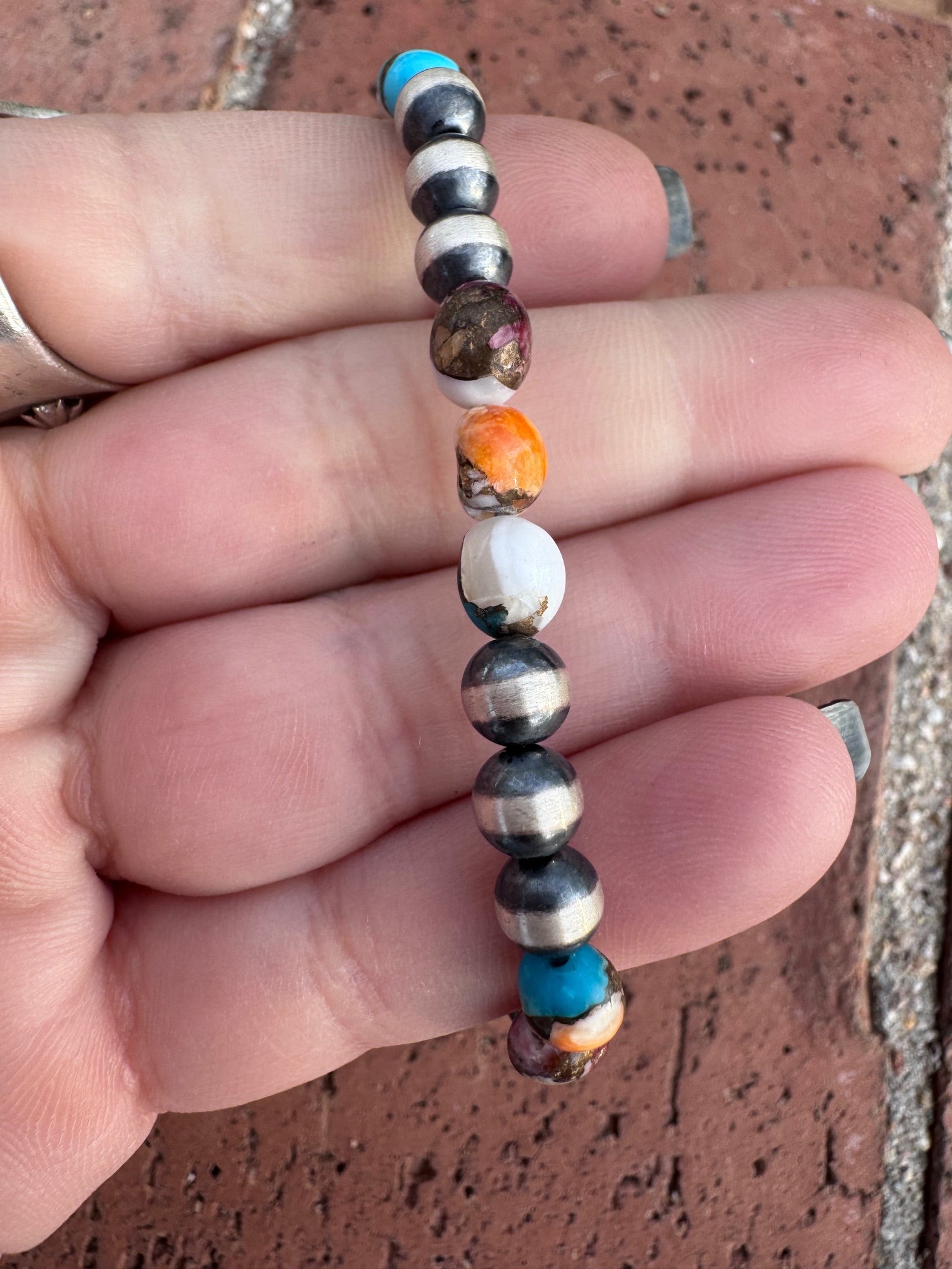 Handcrafted Spice & Sterling Silver 4-6mm Beaded Bracelet 8"