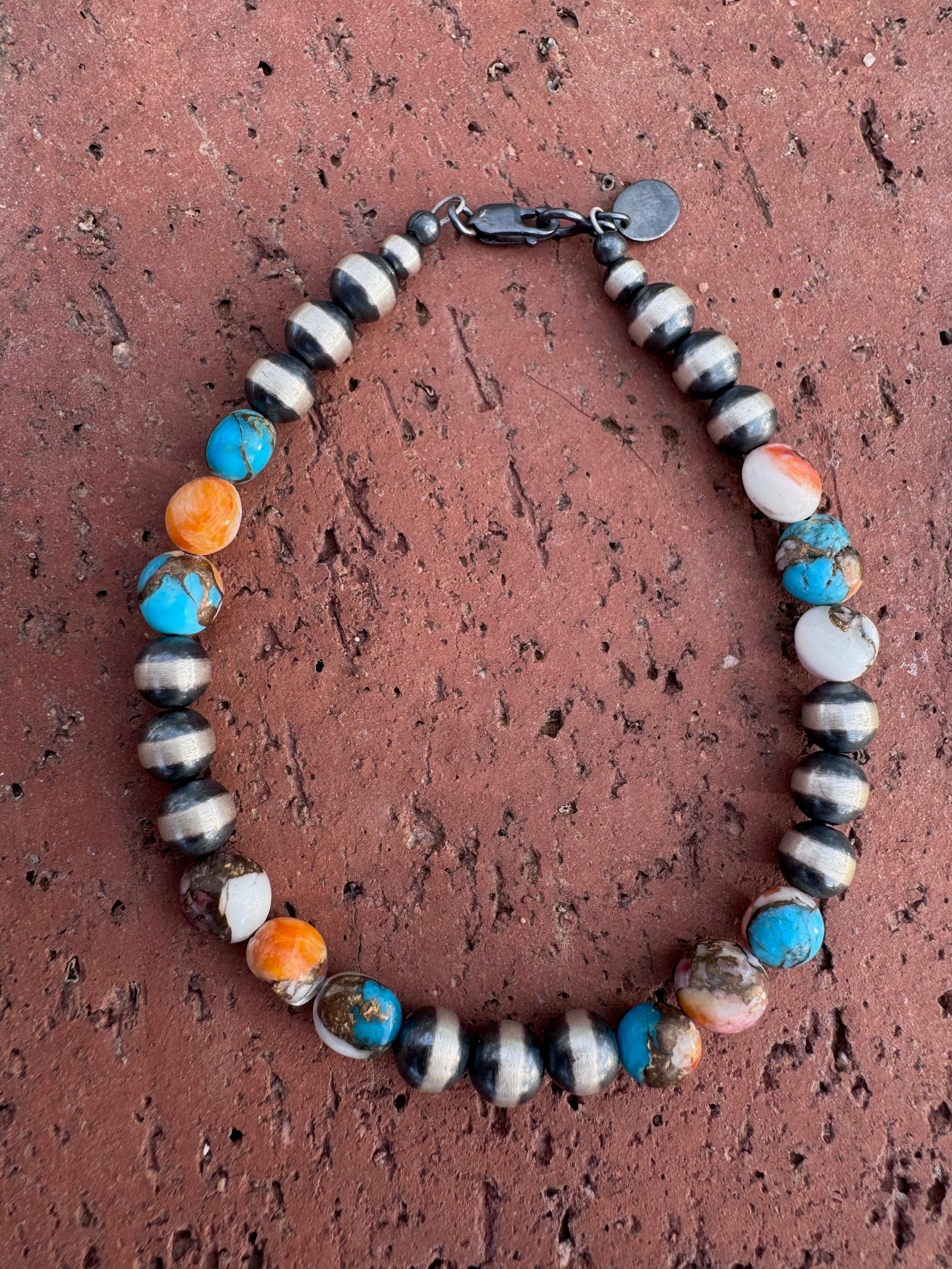 Handcrafted Spice & Sterling Silver 4-6mm Beaded Bracelet 8"