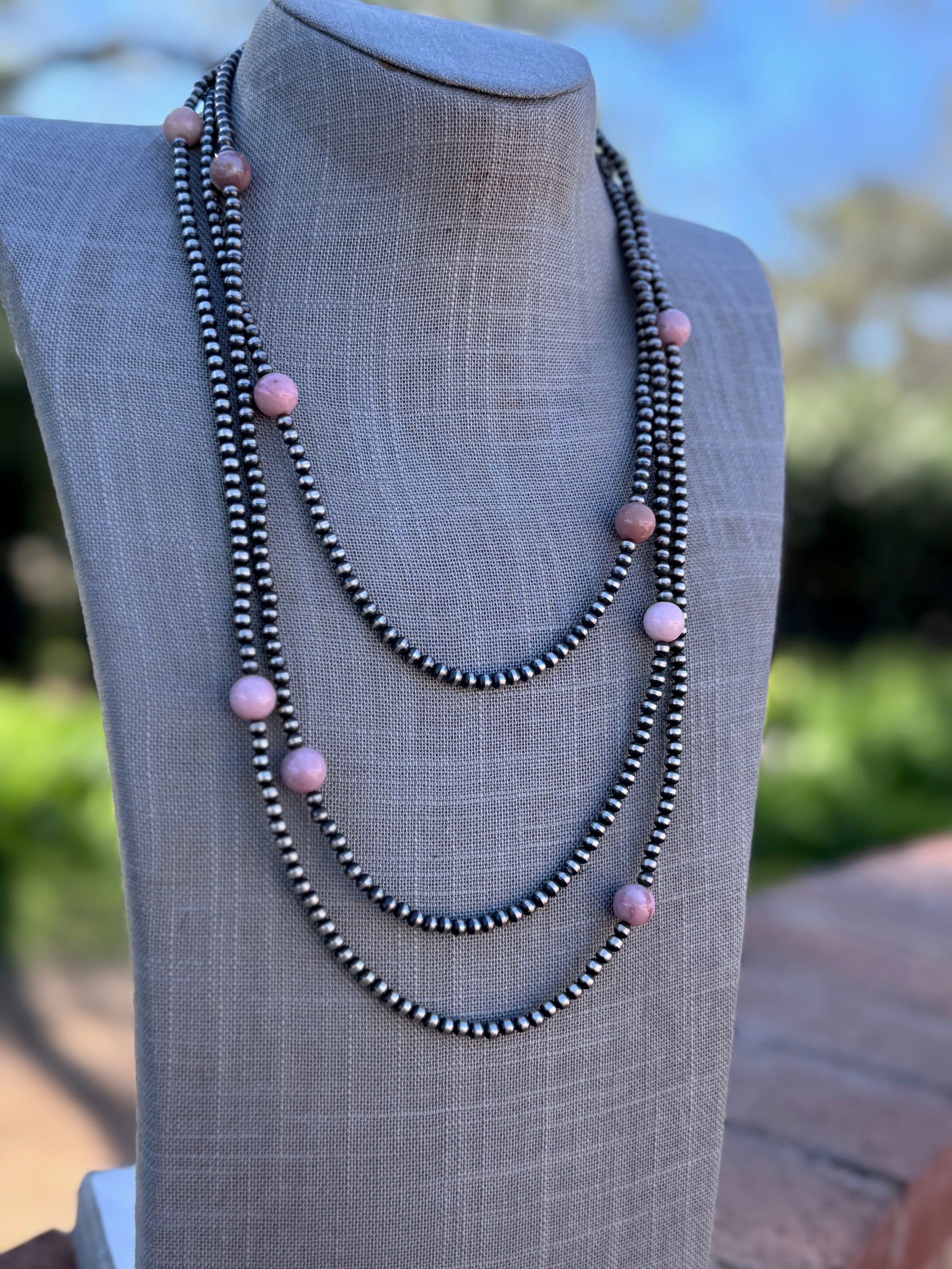 Handcrafted Sterling Silver & Pink Conch 4mm beaded Necklace 72"