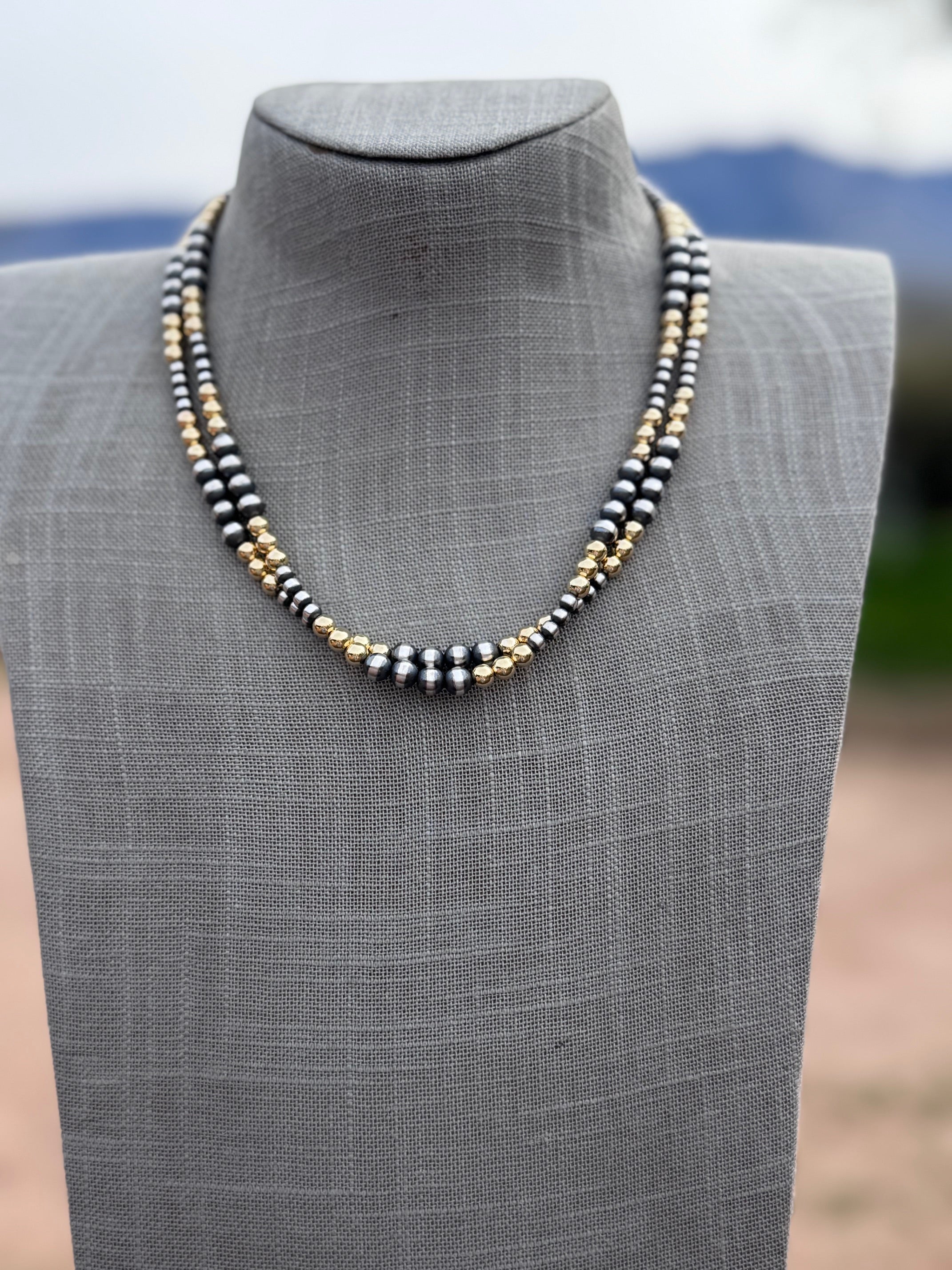 Handcrafted Sterling Silver & Gold Overlay 4-6mm Beaded Necklace