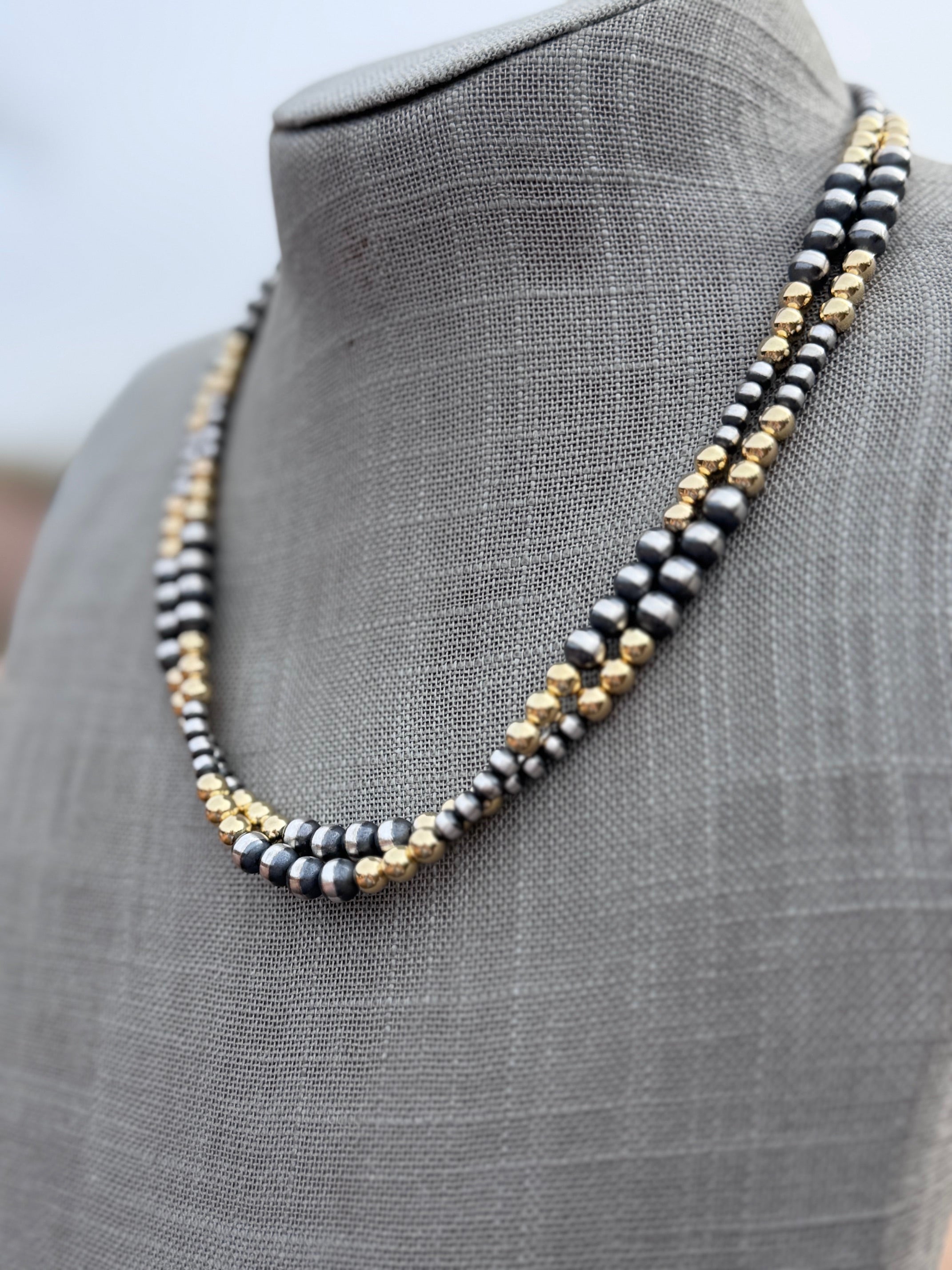 Handcrafted Sterling Silver & Gold Overlay 4-6mm Beaded Necklace