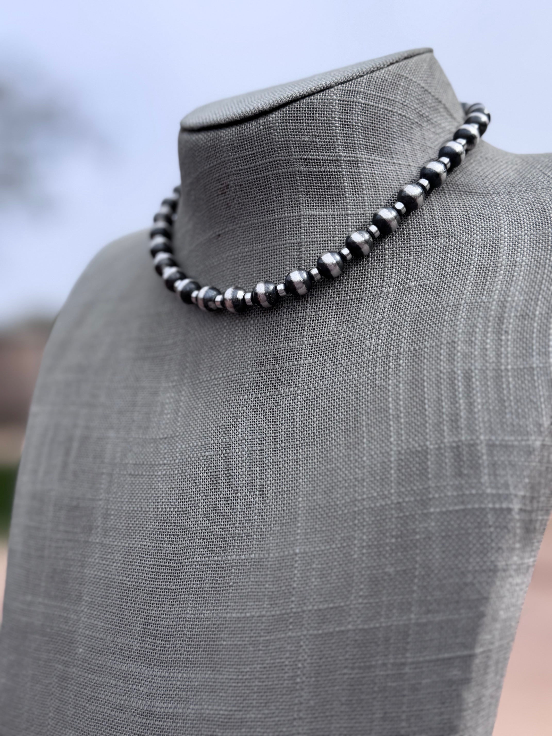 Handcrafted Patterned Sterling Silver Pearl 4-8mm Beaded Necklace