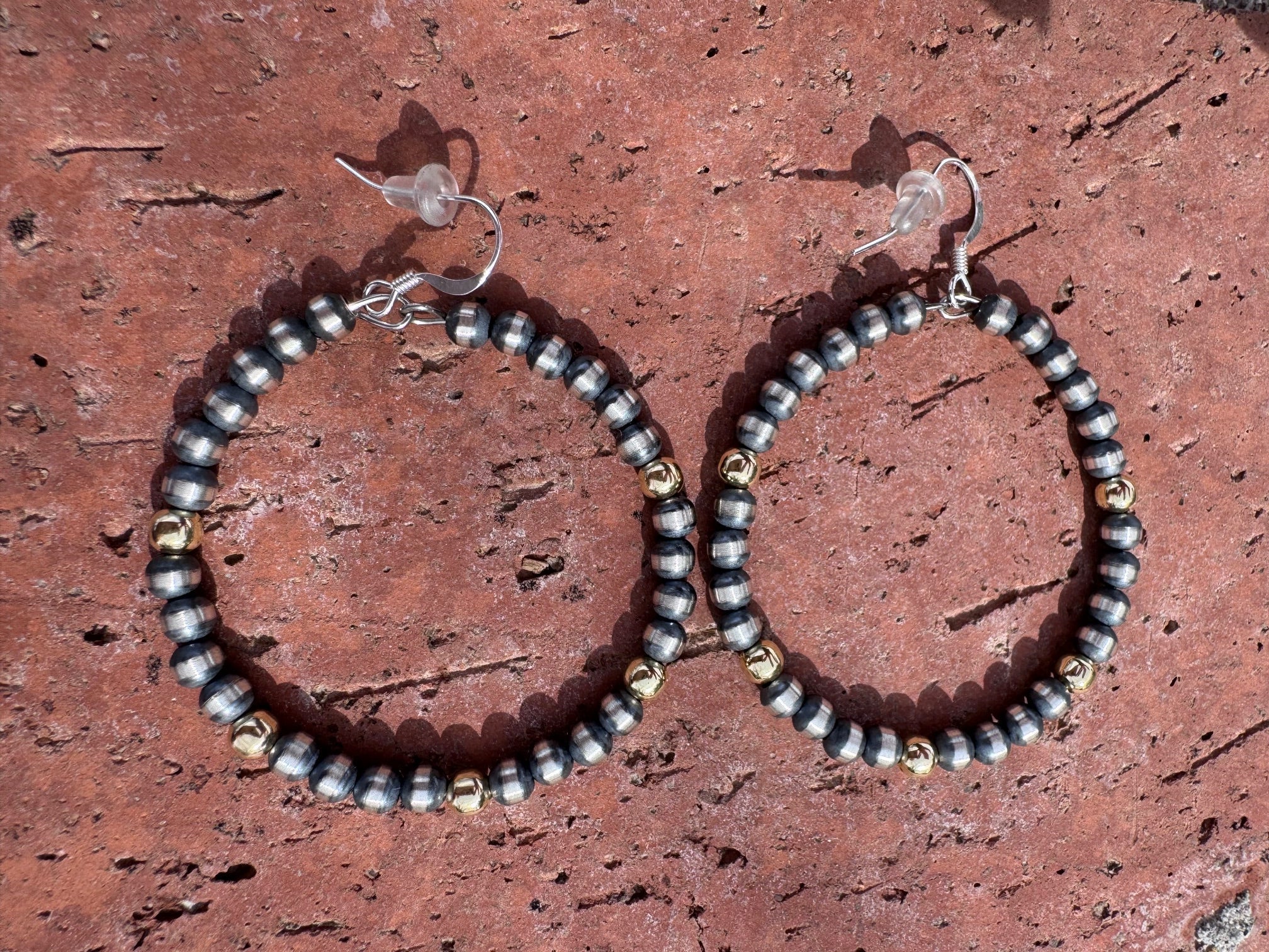 Handcrafted Gold Overlay & Sterling Silver Pearl 4mm Beaded Dangle Hoop Earrings