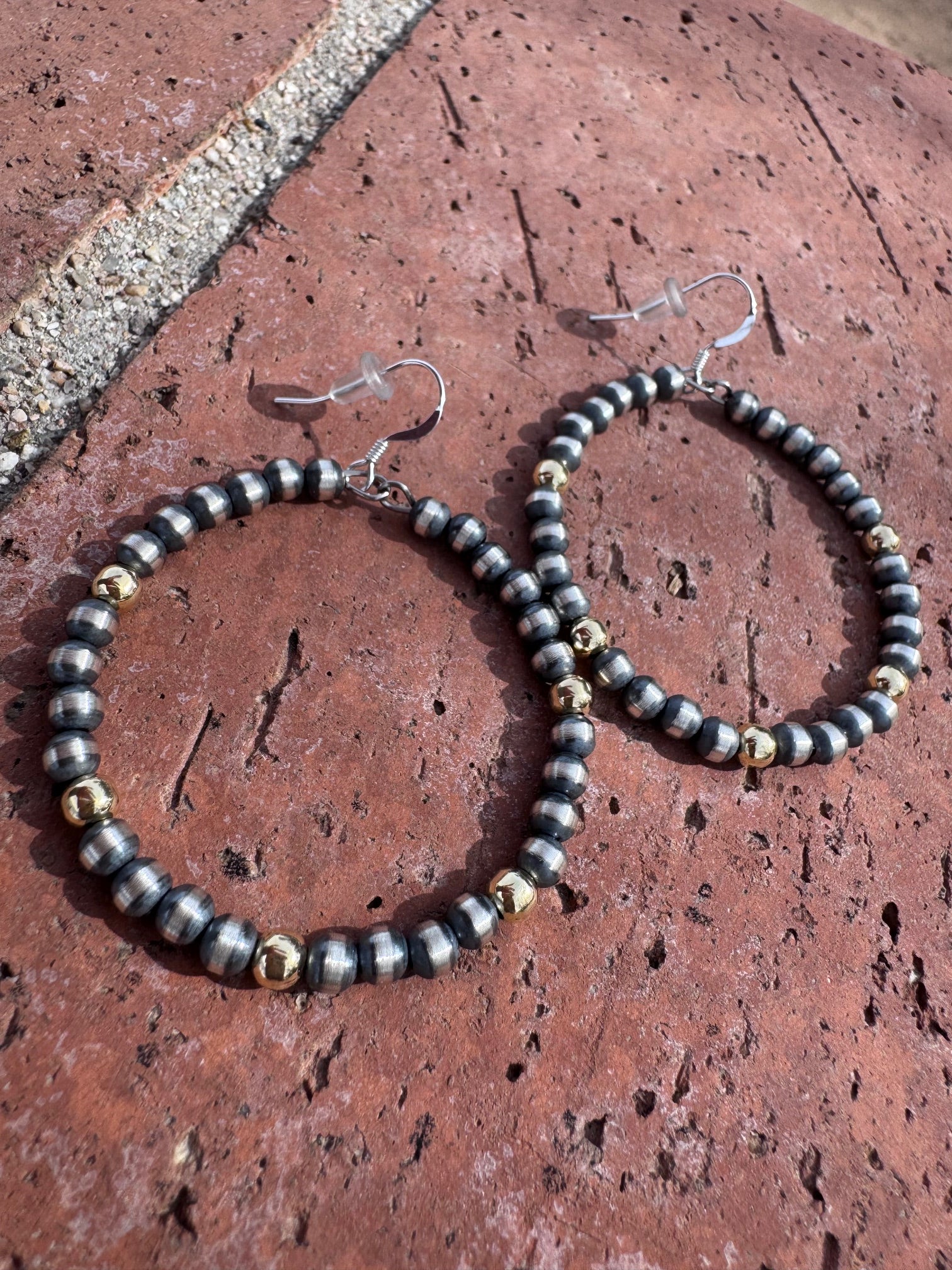 Handcrafted Gold Overlay & Sterling Silver Pearl 4mm Beaded Dangle Hoop Earrings