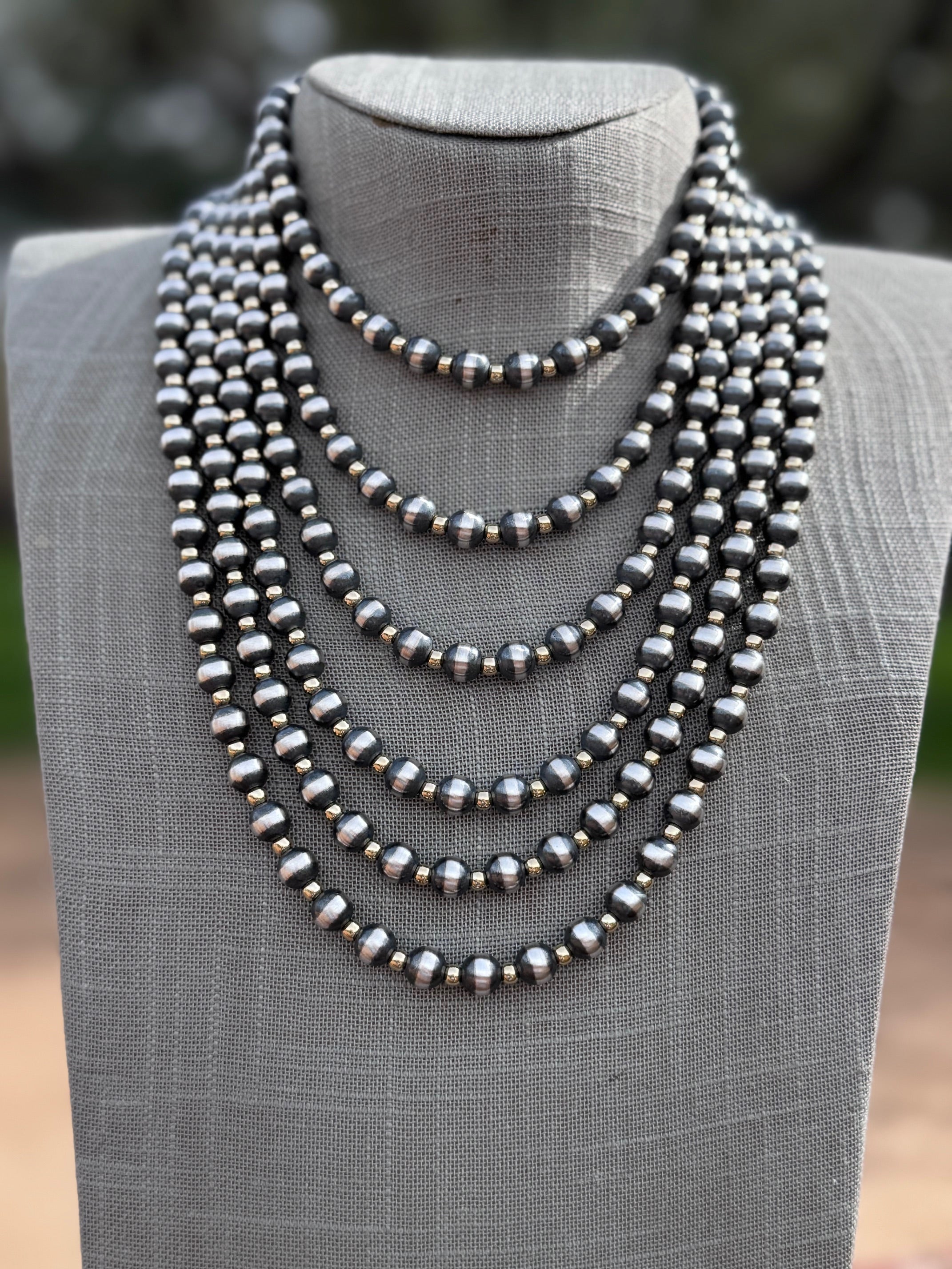 Handcrafted Patterned Gold Overlay & Sterling Silver Pearl 4-8mm Beaded Necklace