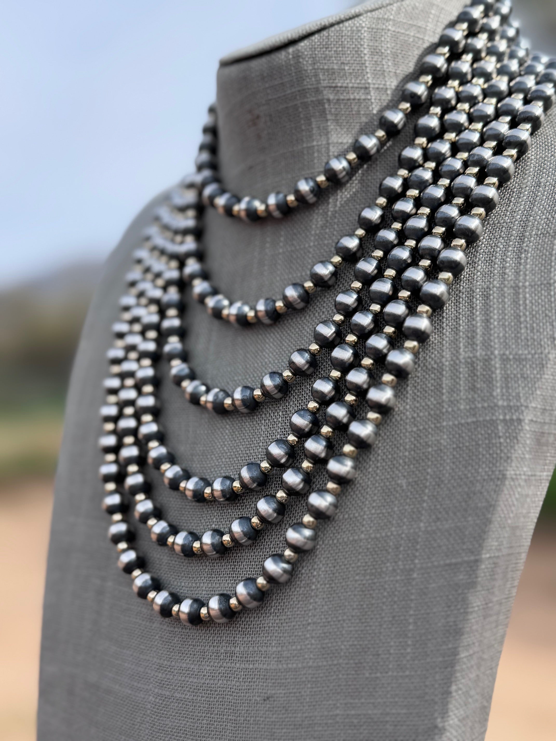 Handcrafted Patterned Gold Overlay & Sterling Silver Pearl 4-8mm Beaded Necklace