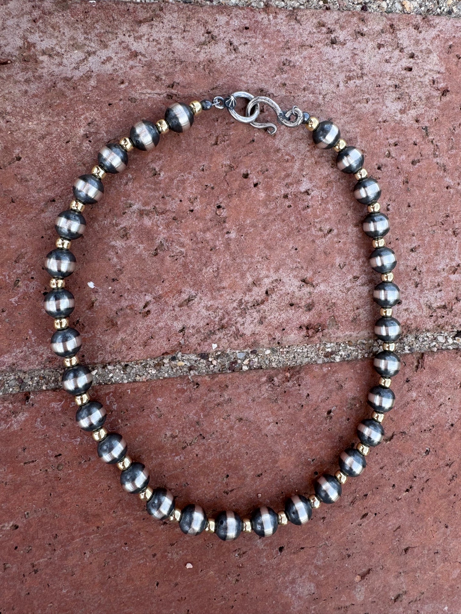 Handcrafted Patterned Gold Overlay & Sterling Silver Pearl 4-8mm Beaded Necklace