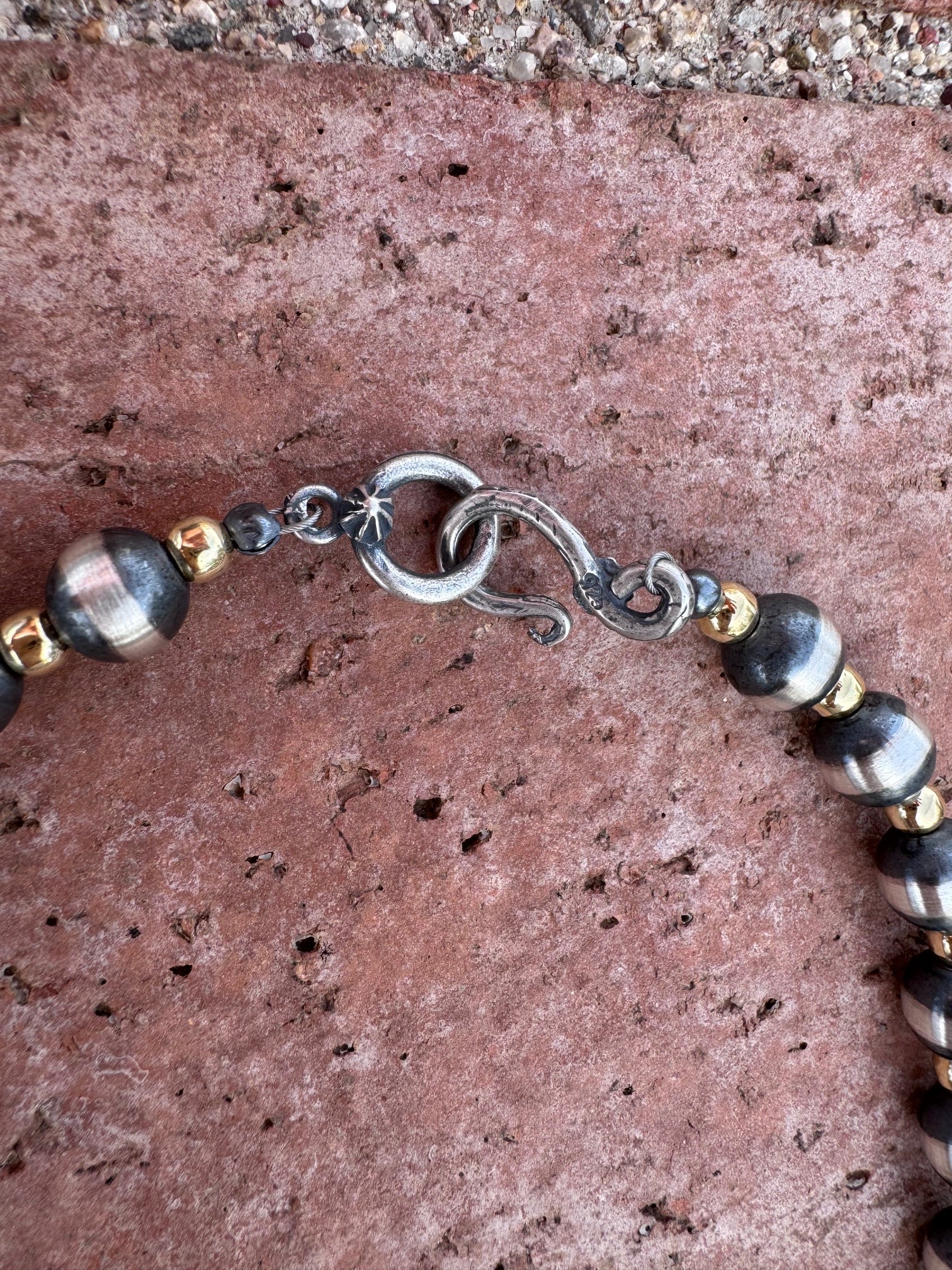 Handcrafted Patterned Gold Overlay & Sterling Silver Pearl 4-8mm Beaded Necklace