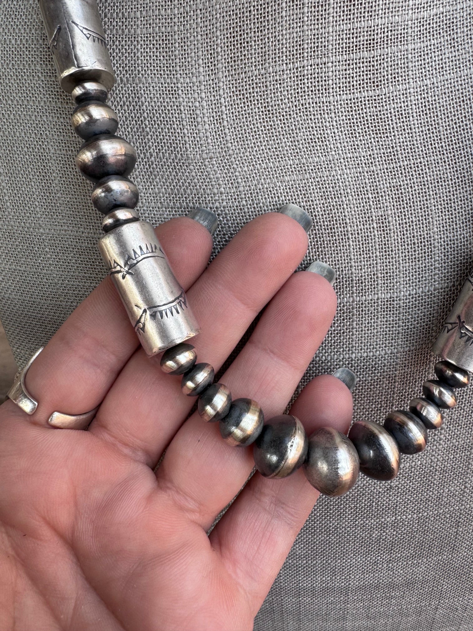 Handcrafted Sterling Silver Barrel Beaded Necklace 22"