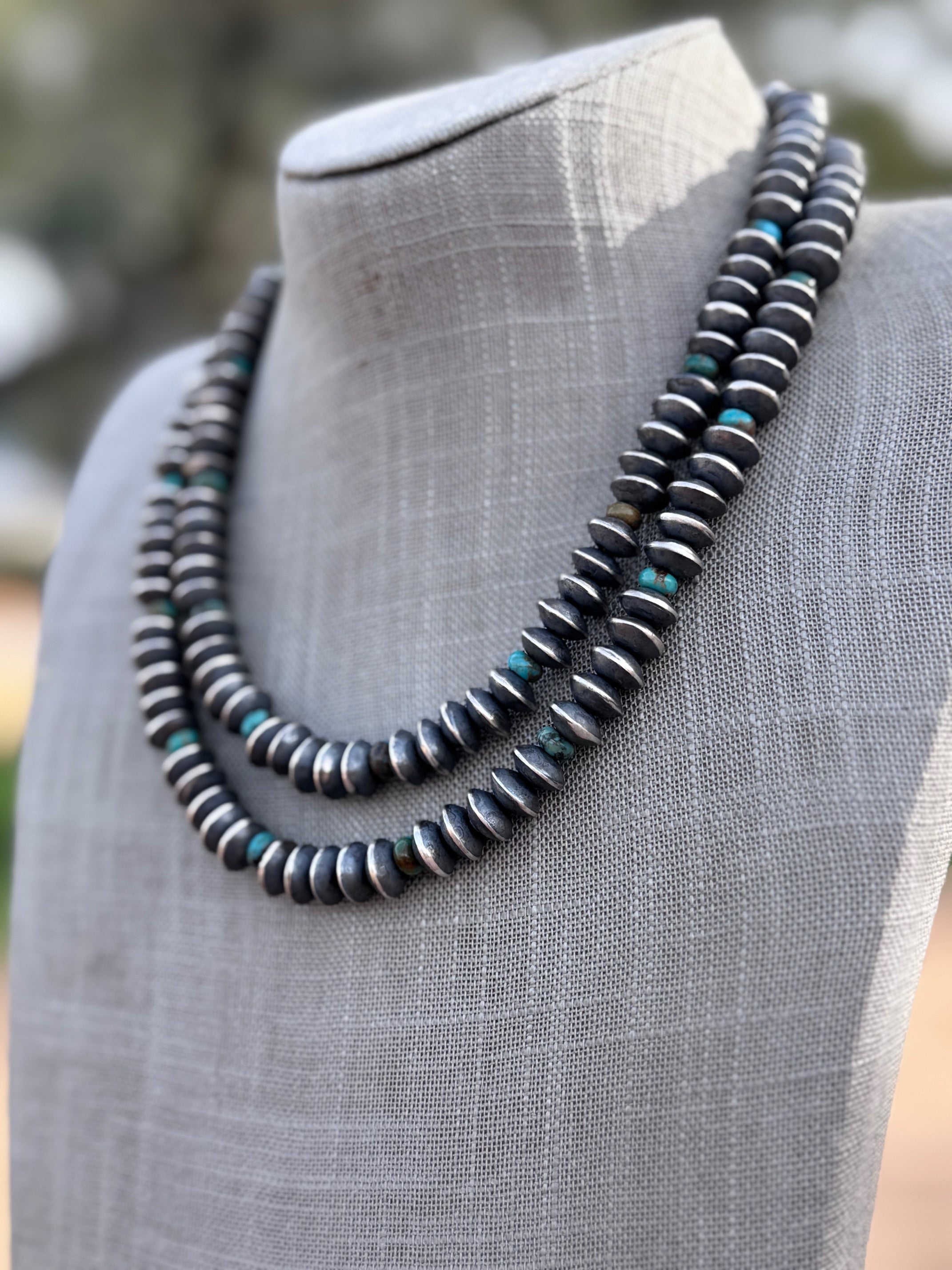 Handcrafted Kingman Turquoise & Sterling Silver Saucer Pearls 8mm Beaded Necklace