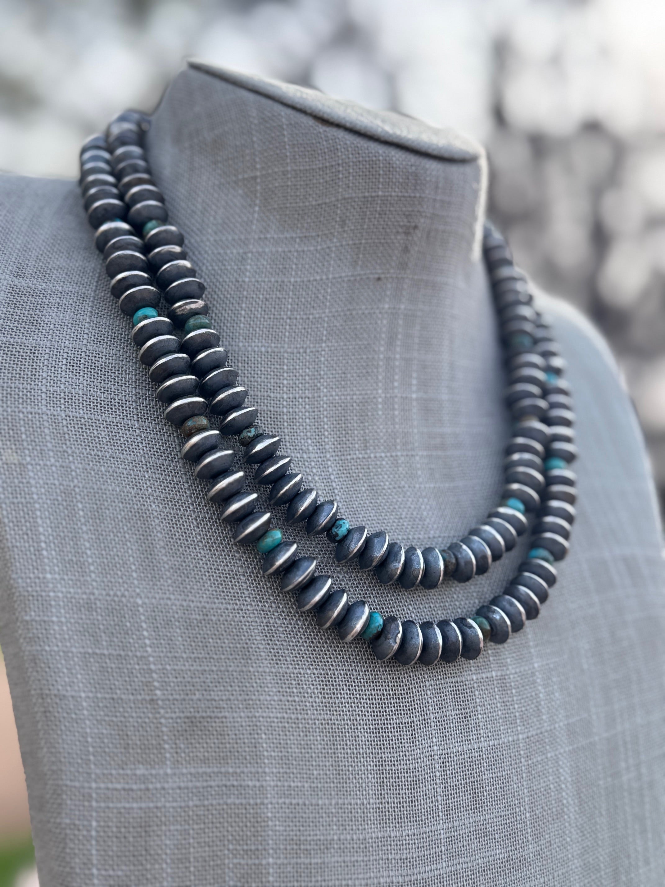 Handcrafted Kingman Turquoise & Sterling Silver Saucer Pearls 8mm Beaded Necklace