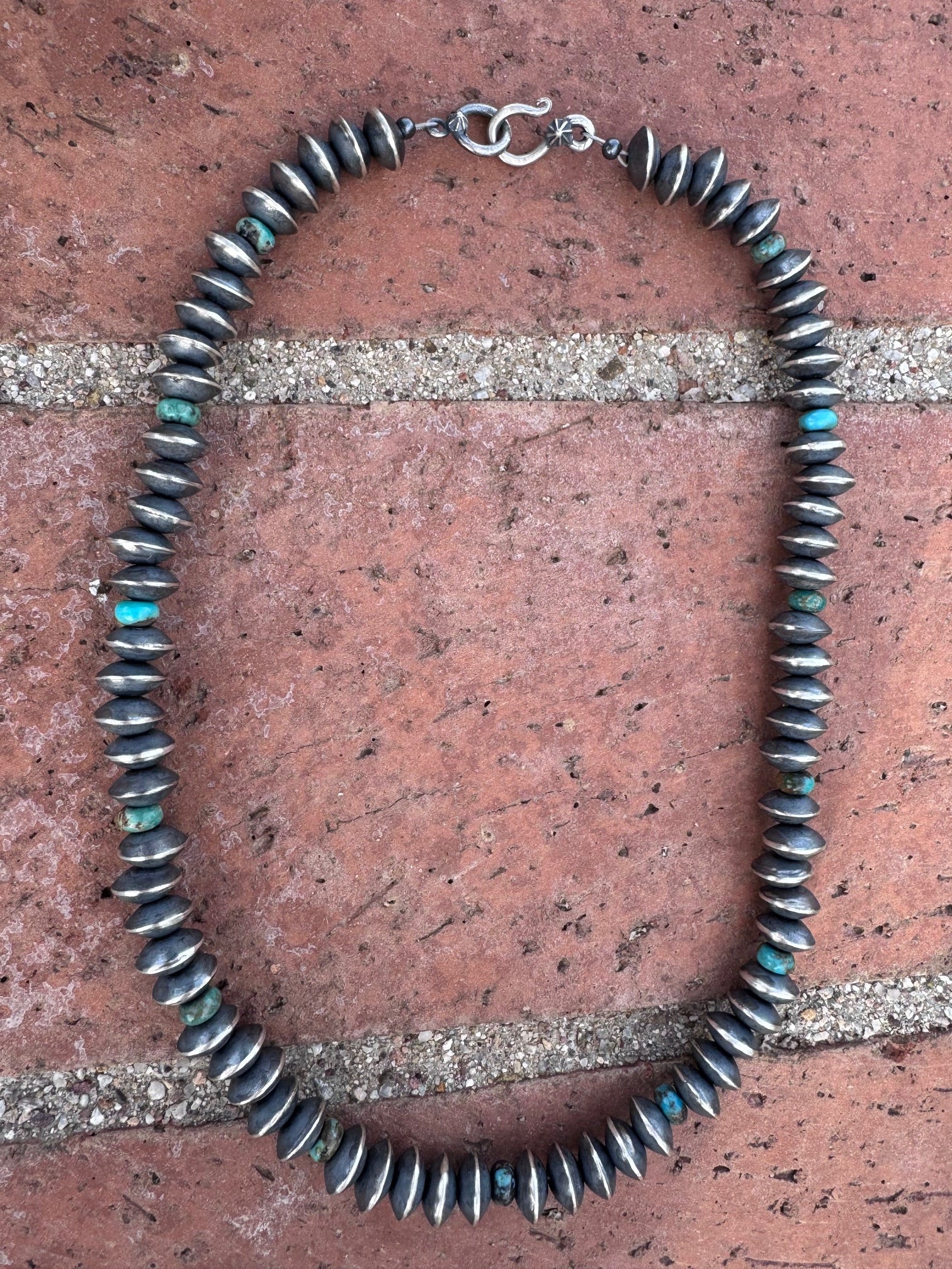 Handcrafted Kingman Turquoise & Sterling Silver Saucer Pearls 8mm Beaded Necklace