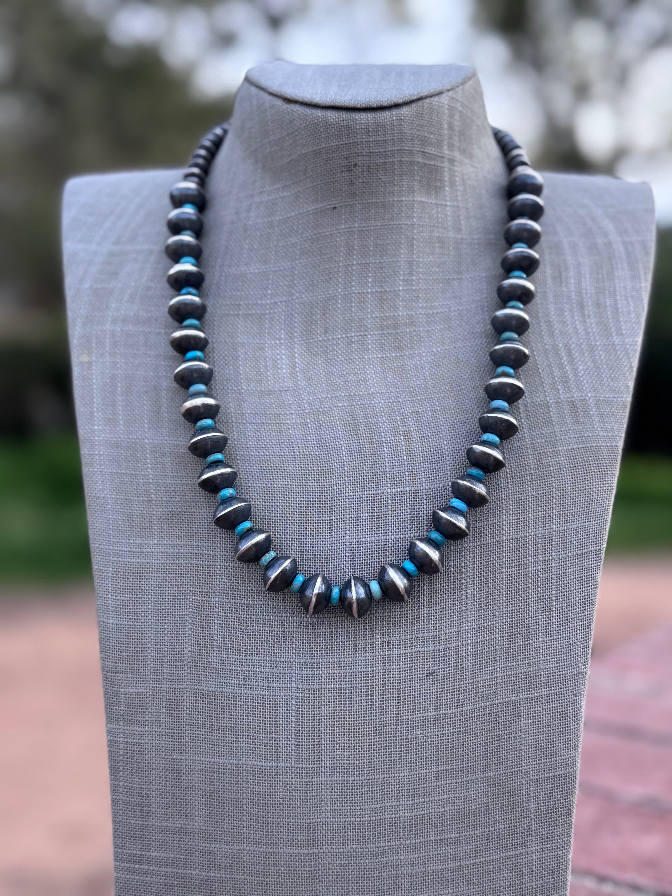 Handcrafted Kingman Turquoise & Sterling Silver Saucer Pearls 6-12mm Beaded Necklace 22"