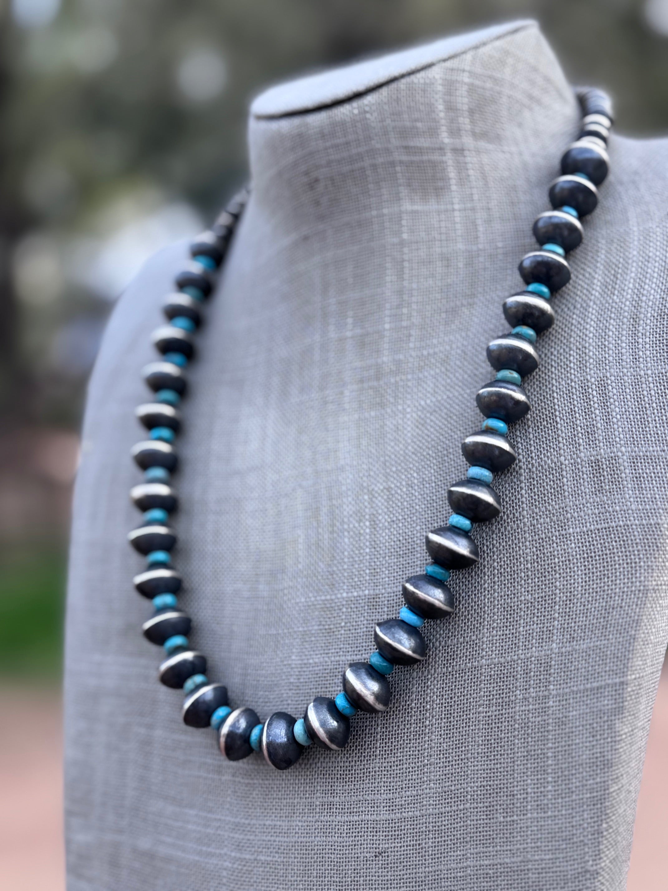 Handcrafted Kingman Turquoise & Sterling Silver Saucer Pearls 6-12mm Beaded Necklace 22"