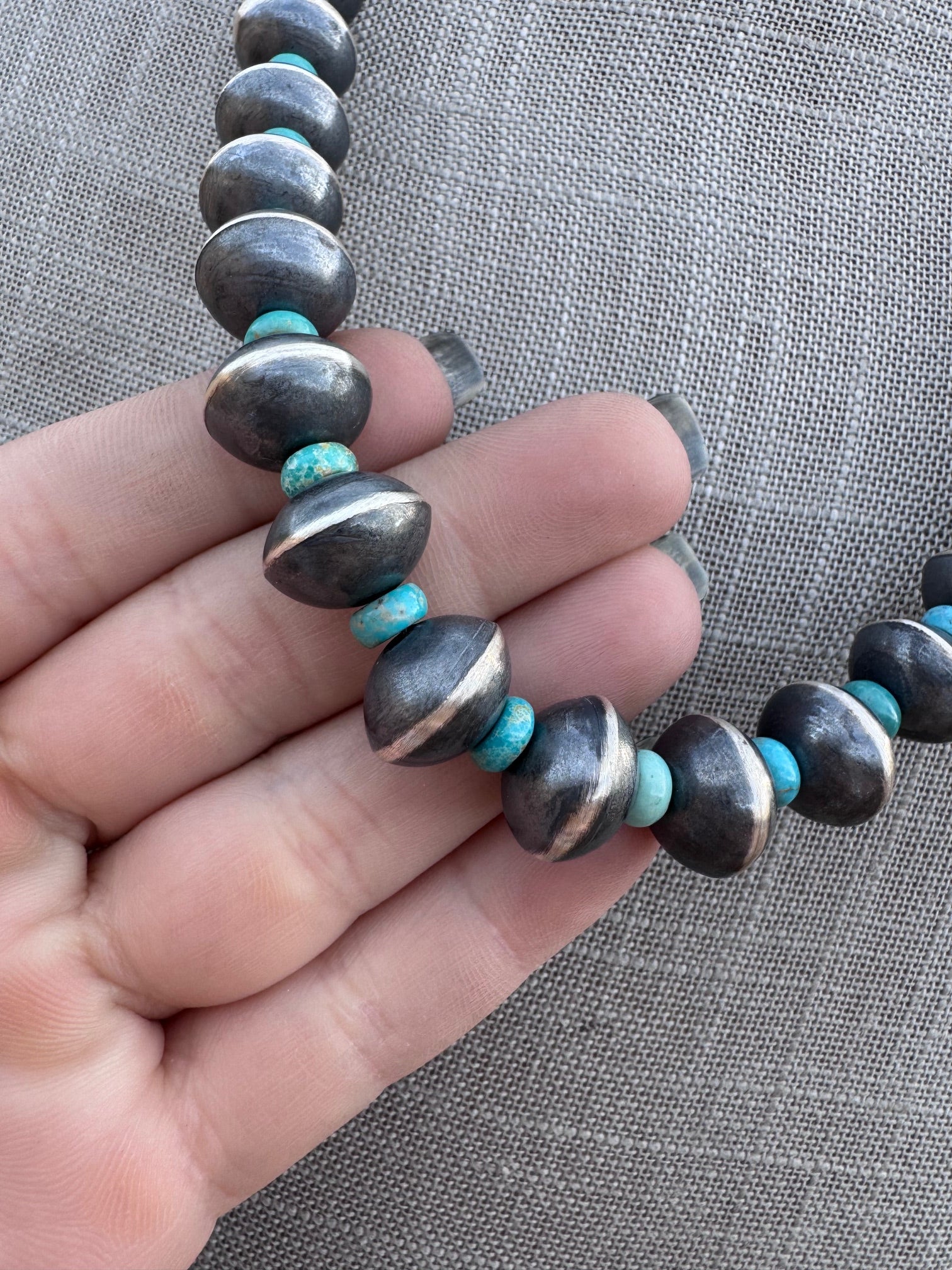 Handcrafted Kingman Turquoise & Sterling Silver Saucer Pearls 6-12mm Beaded Necklace 22"