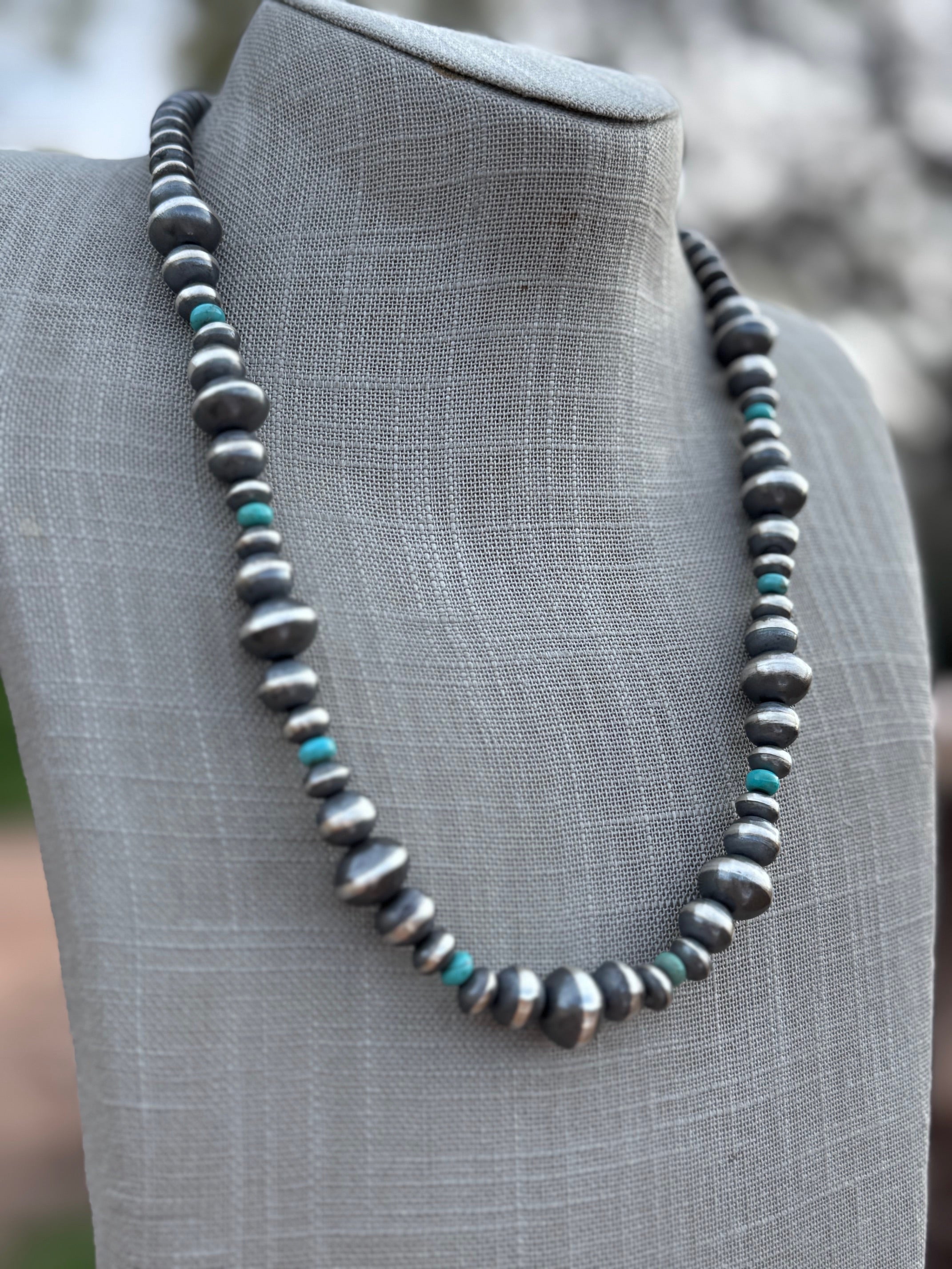 Handcrafted Kingman Turquoise & Sterling Silver Saucer Pearls 6-12mm Beaded Necklace 22"