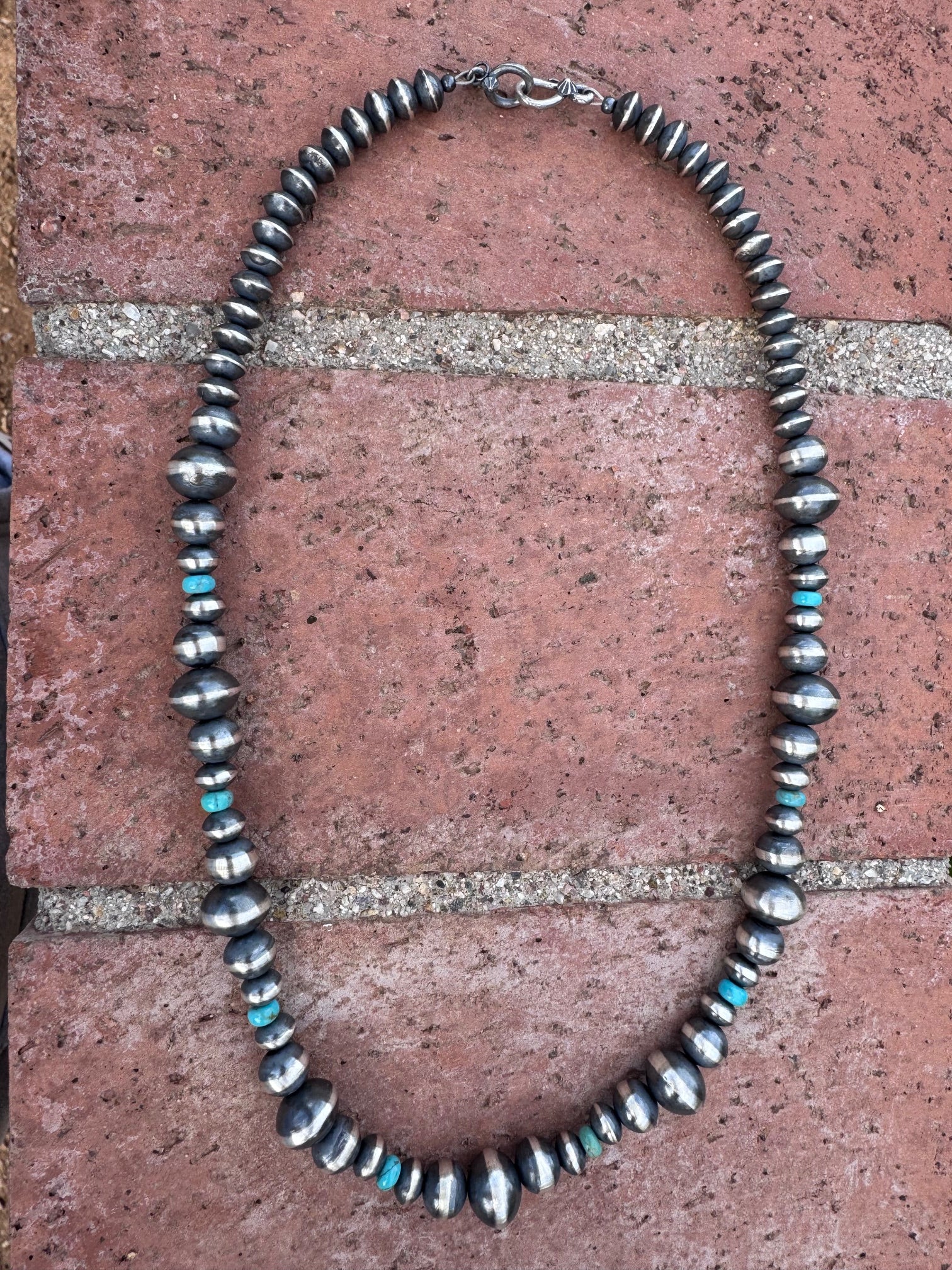 Handcrafted Kingman Turquoise & Sterling Silver Saucer Pearls 6-12mm Beaded Necklace 22"
